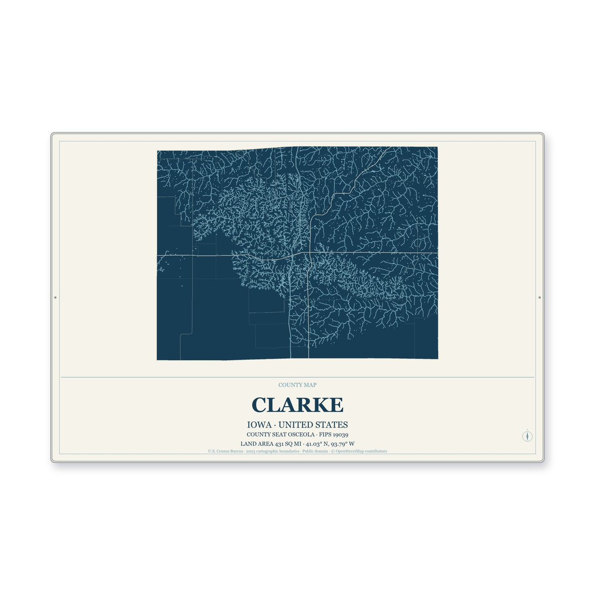 Clarke County, Iowa Map Aluminum Sign in Coastal Cutout style