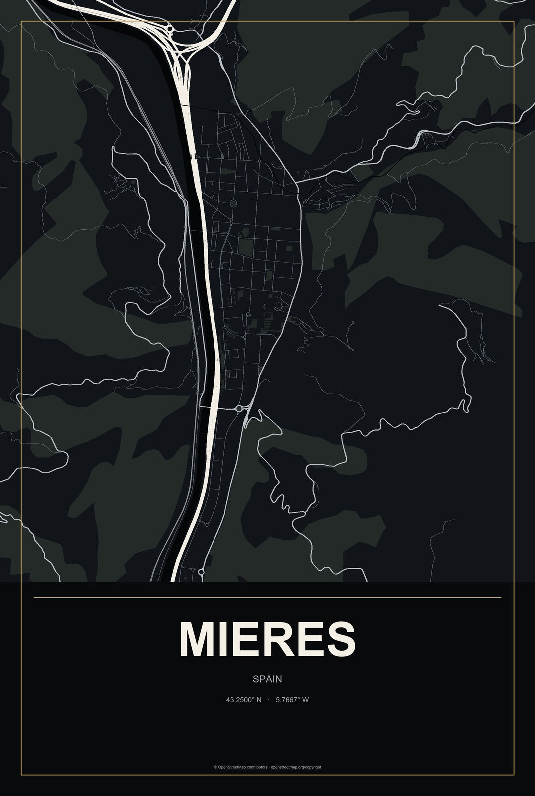 Mieres, Spain City Map Aluminum Sign in Metropolitan Noir style