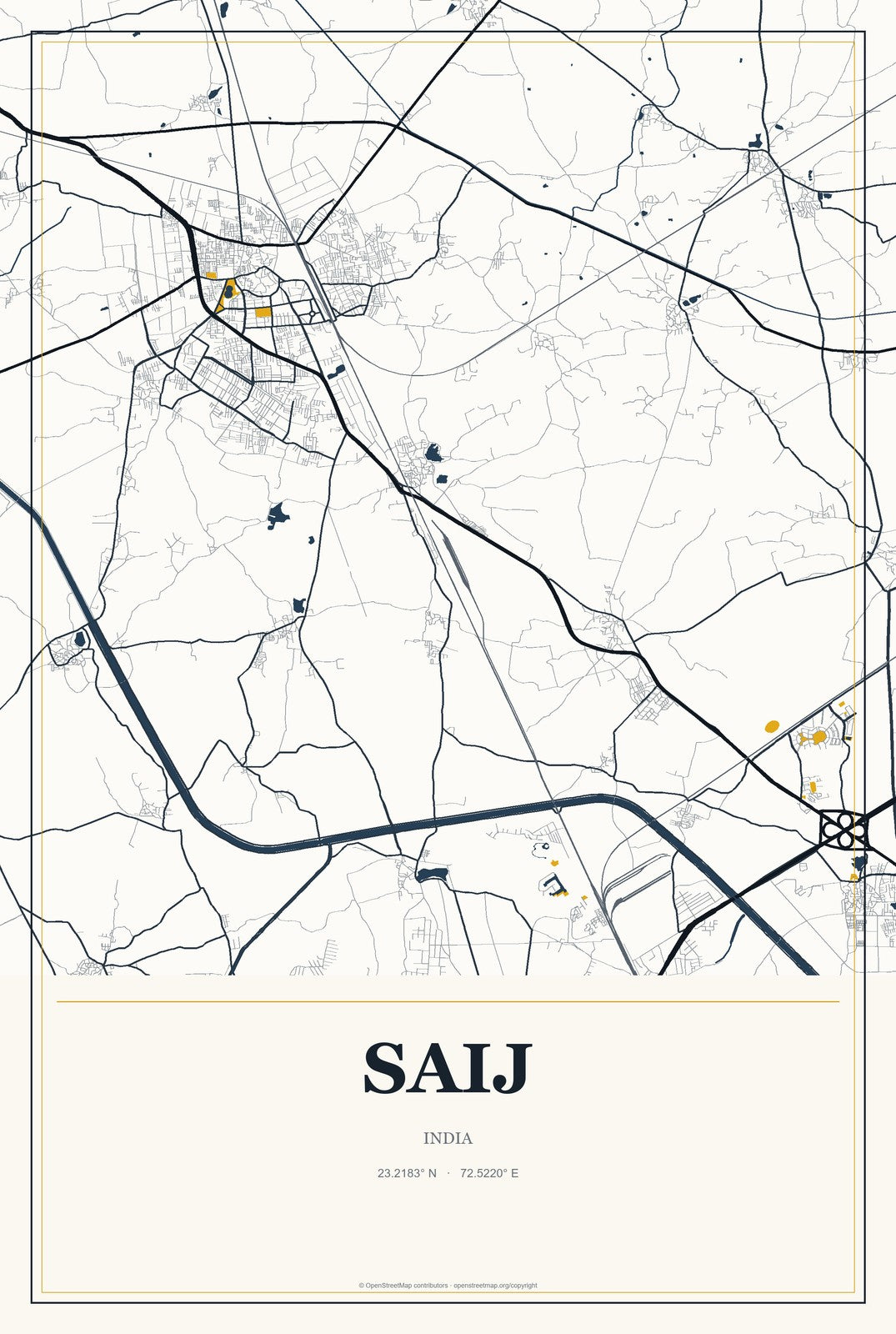 Saij, India City Map Aluminum Sign in Citrine Modern style