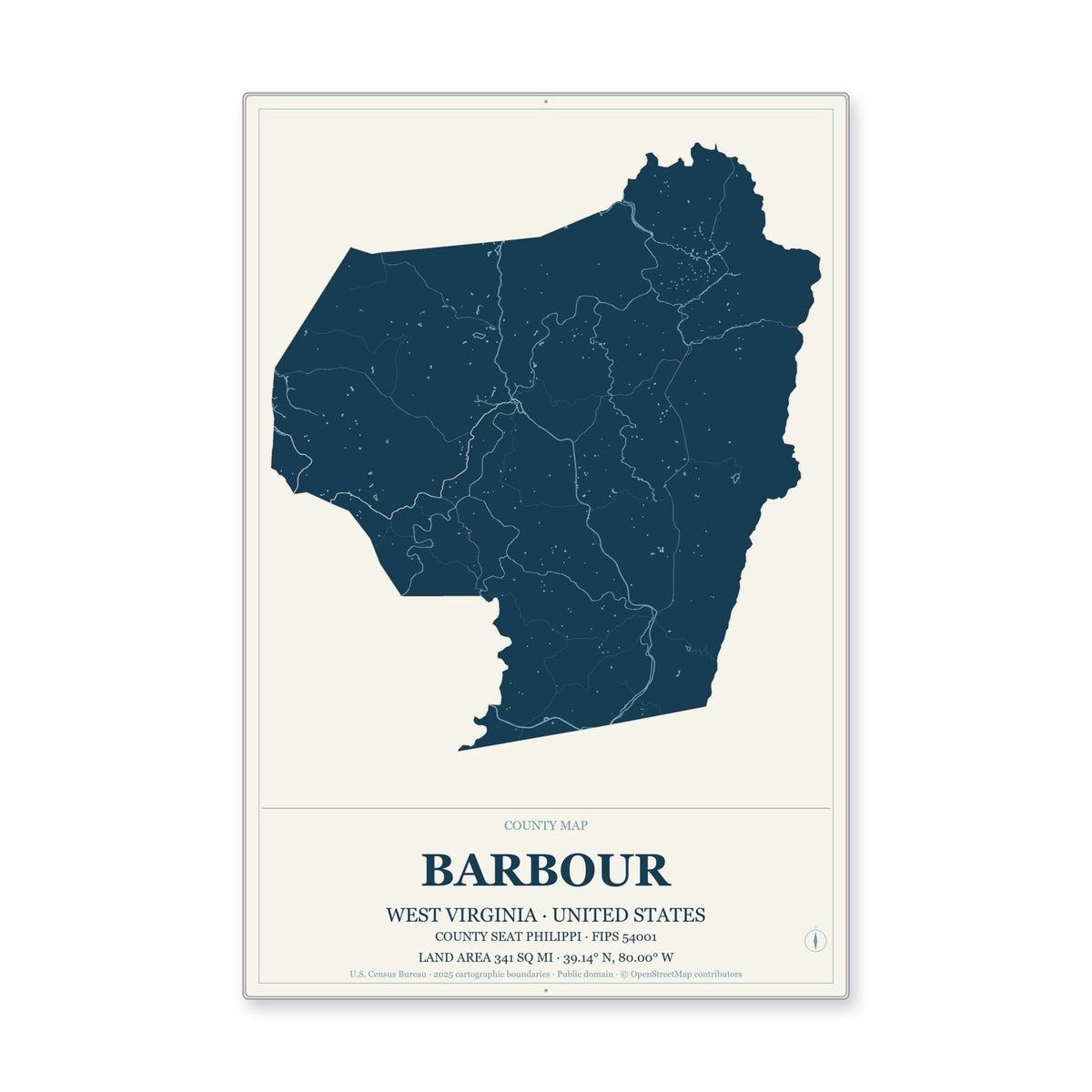 Barbour County, West Virginia Map Aluminum Sign in Coastal Cutout style