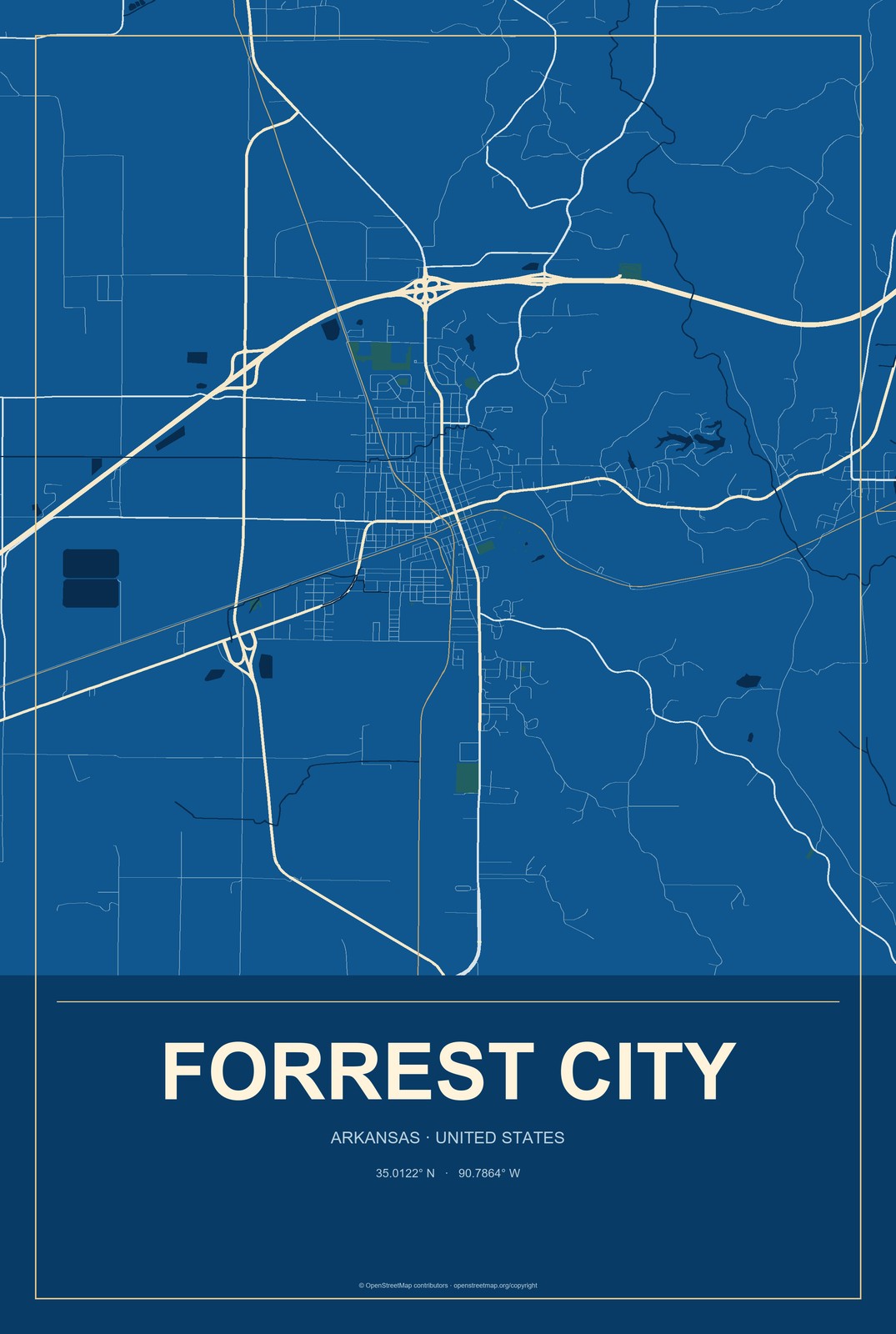 Forrest City, Arkansas City Map Aluminum Sign in Harbor Cobalt style
