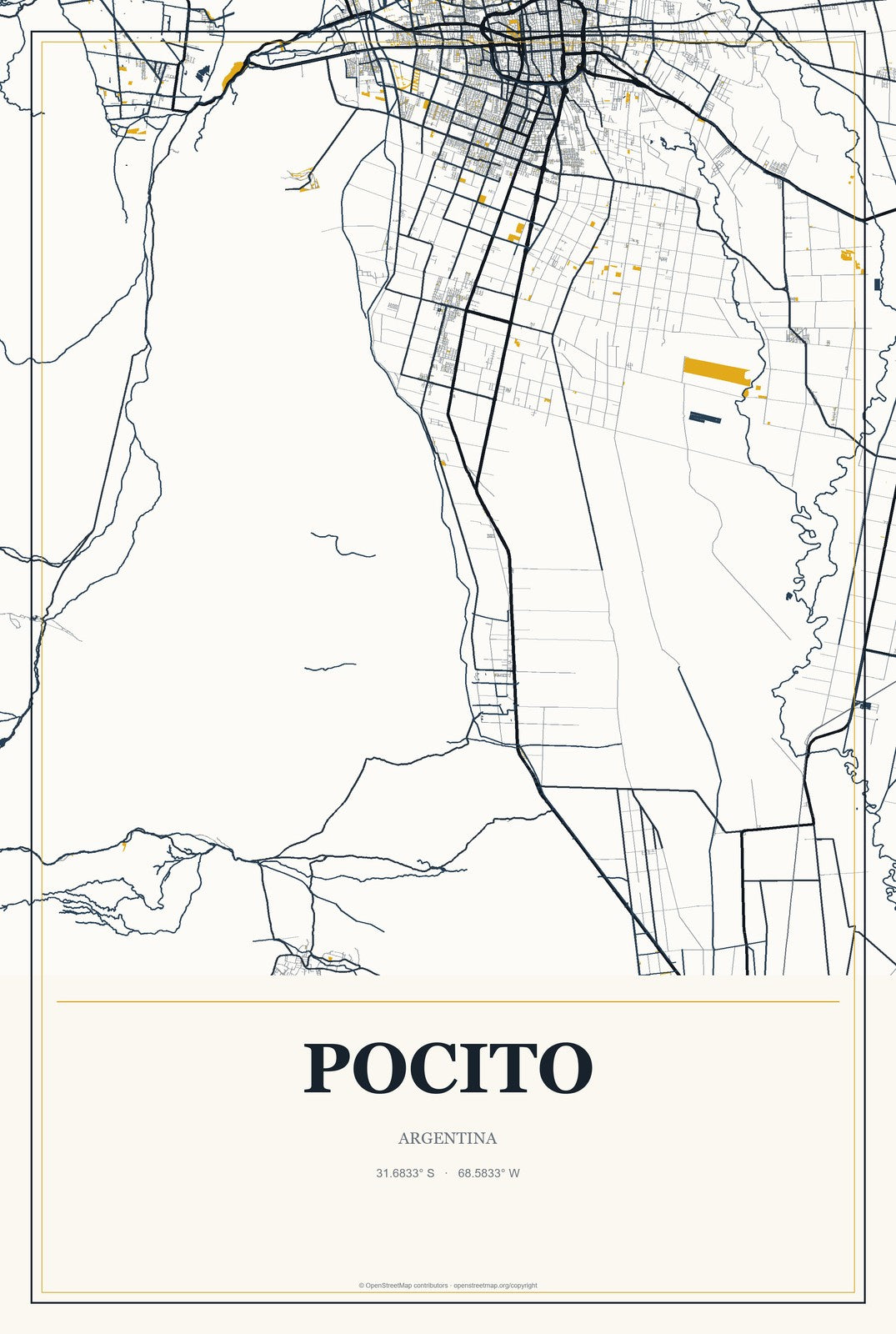 Pocito, Argentina City Map Aluminum Sign in Citrine Modern style