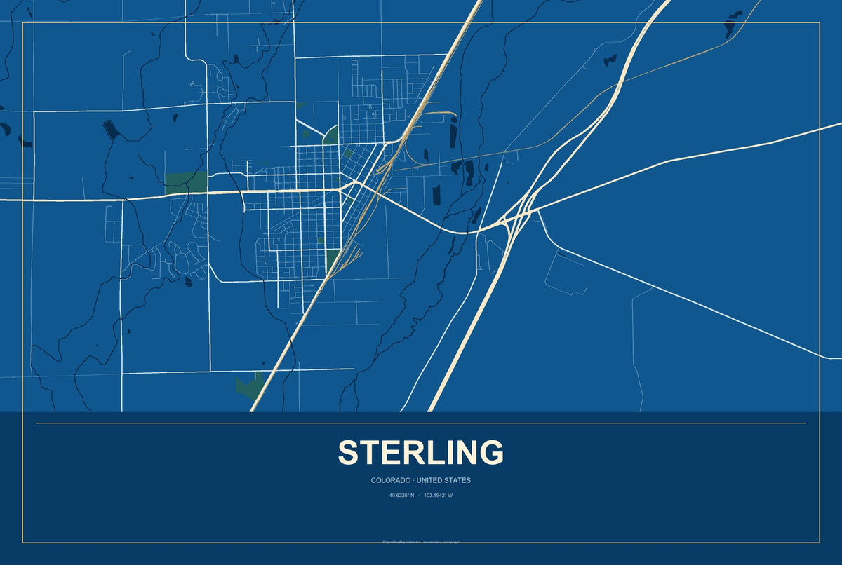 Sterling, Colorado City Map Aluminum Sign in Harbor Cobalt style