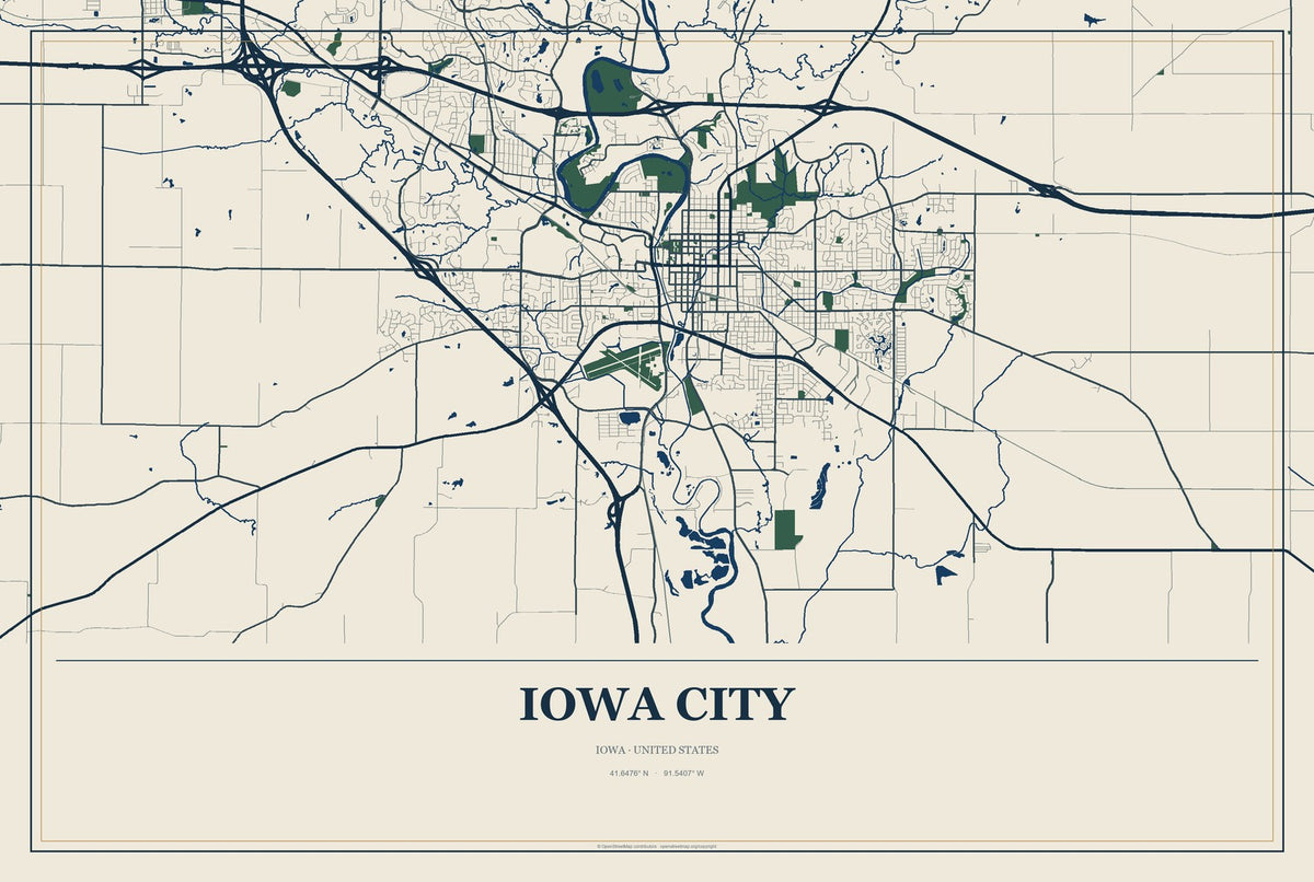 Iowa City, Iowa City Map Aluminum Sign in Coastal Cutout style