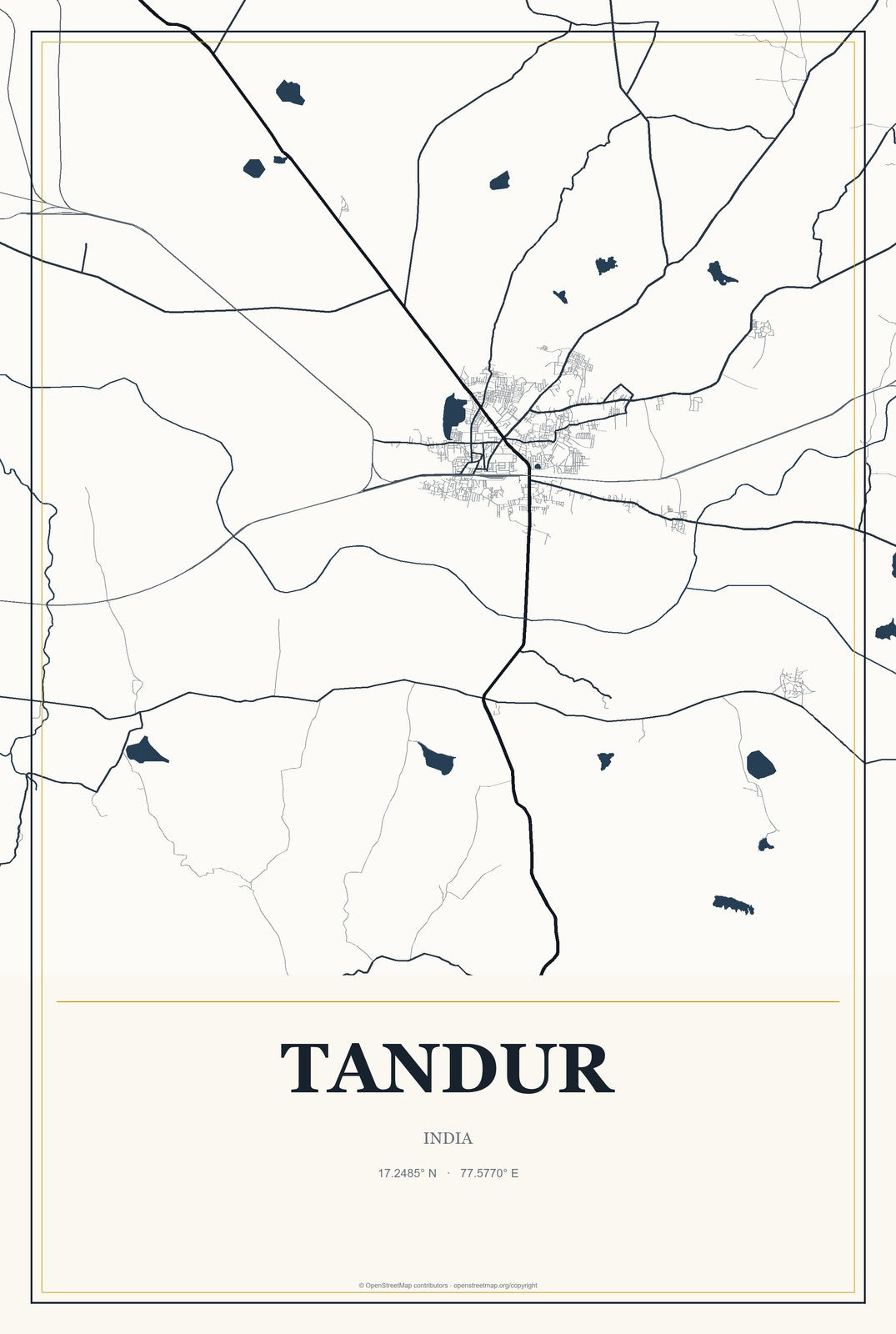 Tandur, India City Map Aluminum Sign in Citrine Modern style
