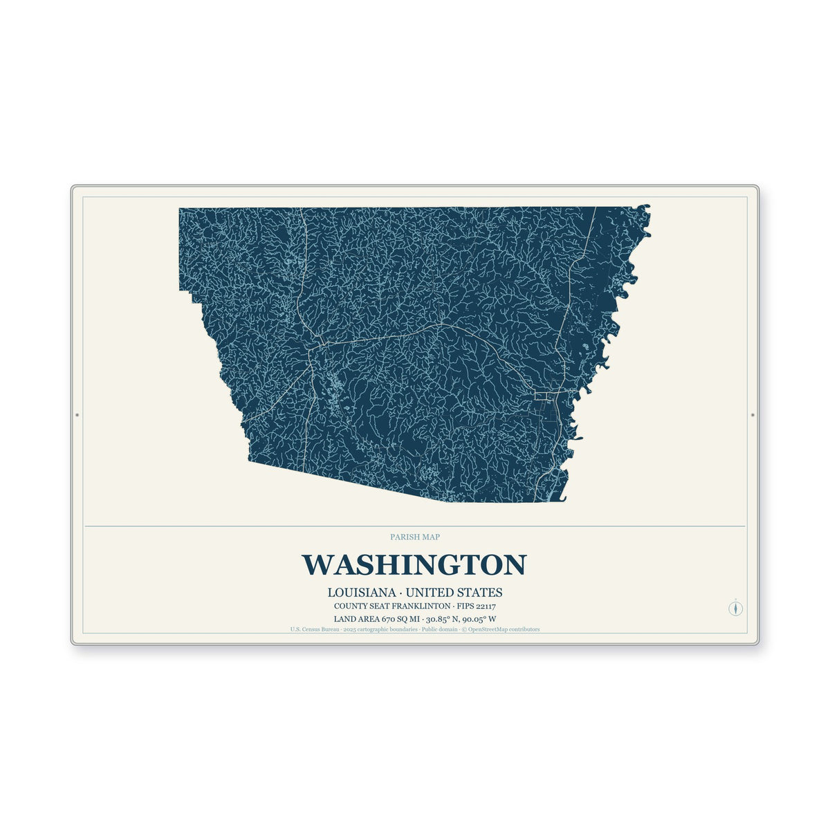 Washington Parish, Louisiana Map Aluminum Sign in Coastal Cutout style