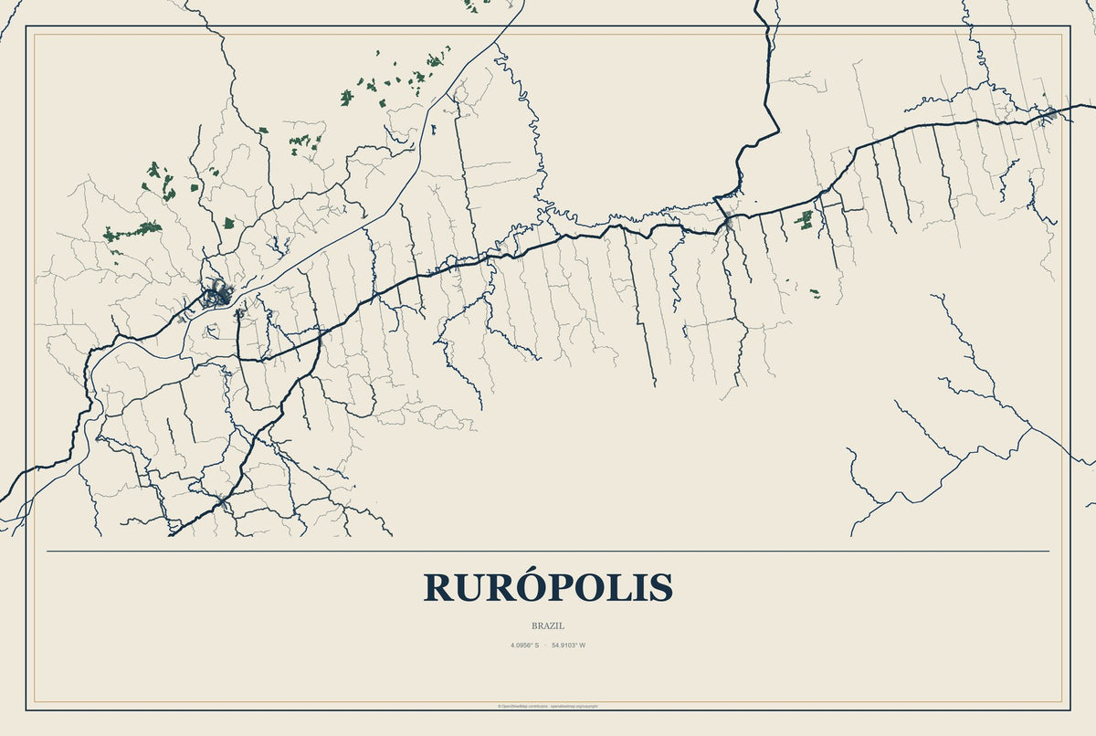 Rurópolis, Brazil City Map Aluminum Sign in Coastal Cutout style