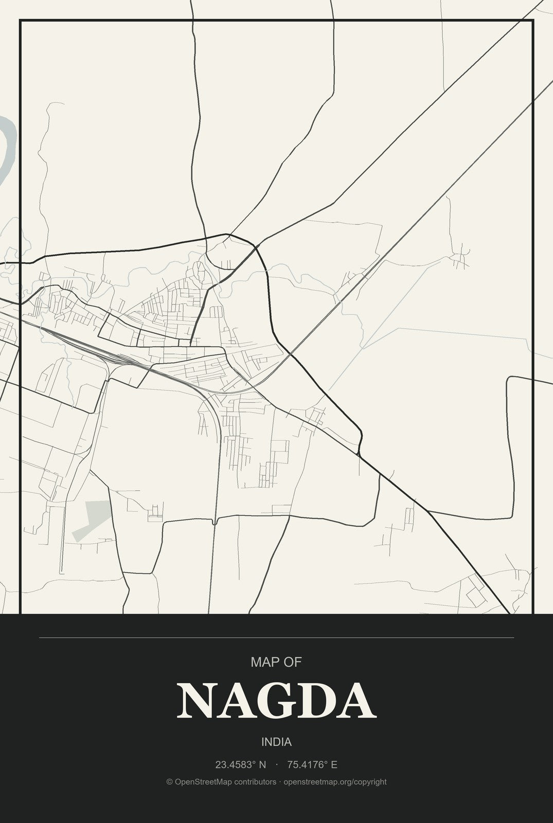 Nagda, India City Map Aluminum Sign in Museum Plaque style