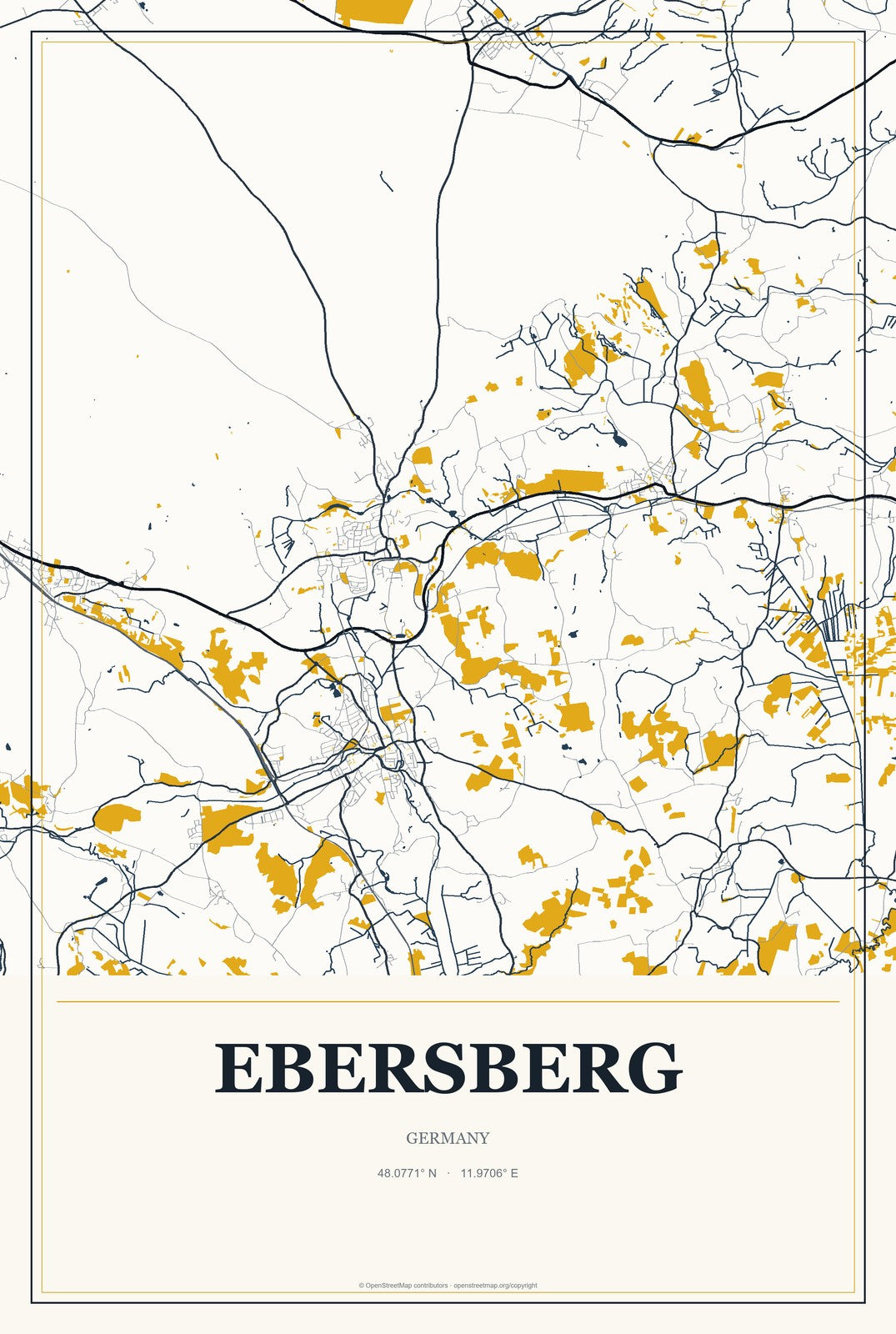 Ebersberg, Germany City Map Aluminum Sign in Citrine Modern style
