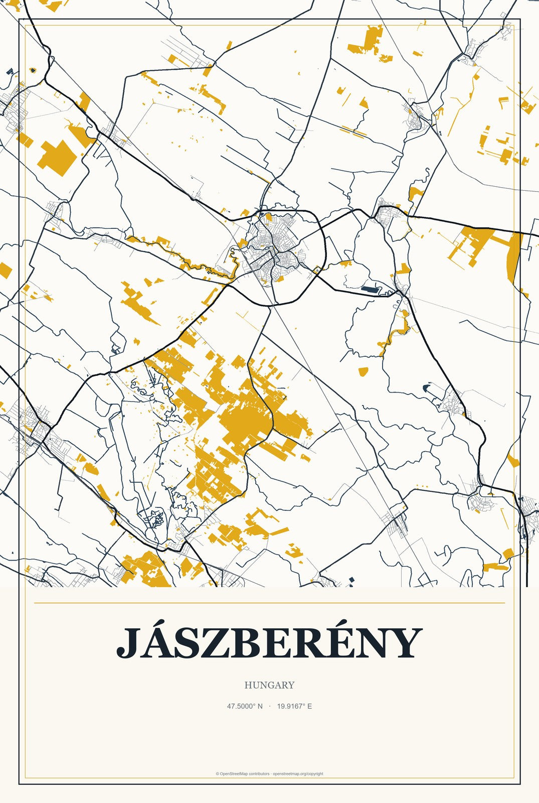 Jászberény, Hungary City Map Aluminum Sign in Citrine Modern style