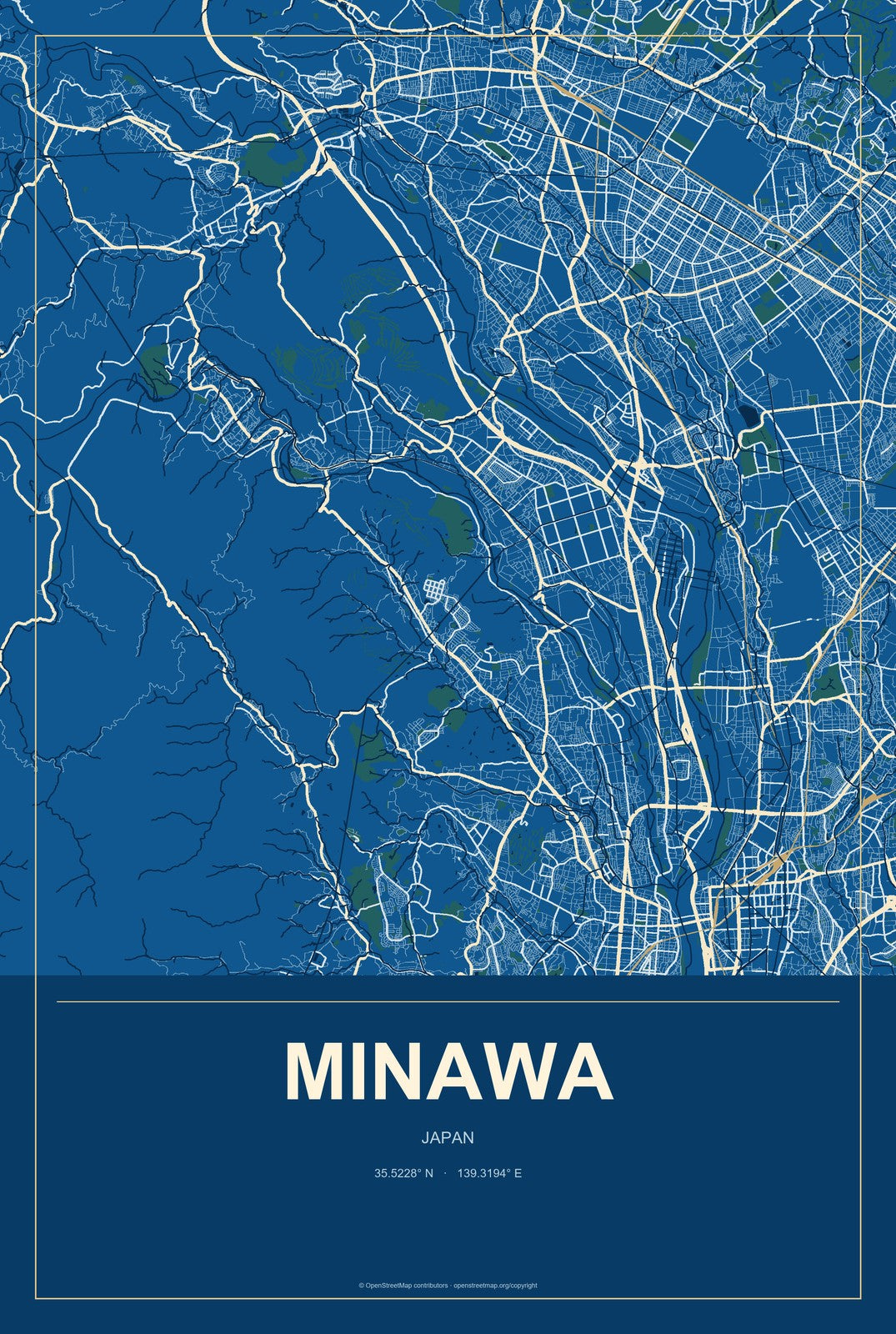 Minawa, Japan City Map Aluminum Sign in Harbor Cobalt style
