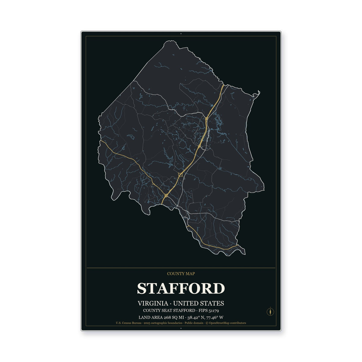 Stafford County, Virginia Map Aluminum Sign in Metropolitan Noir style