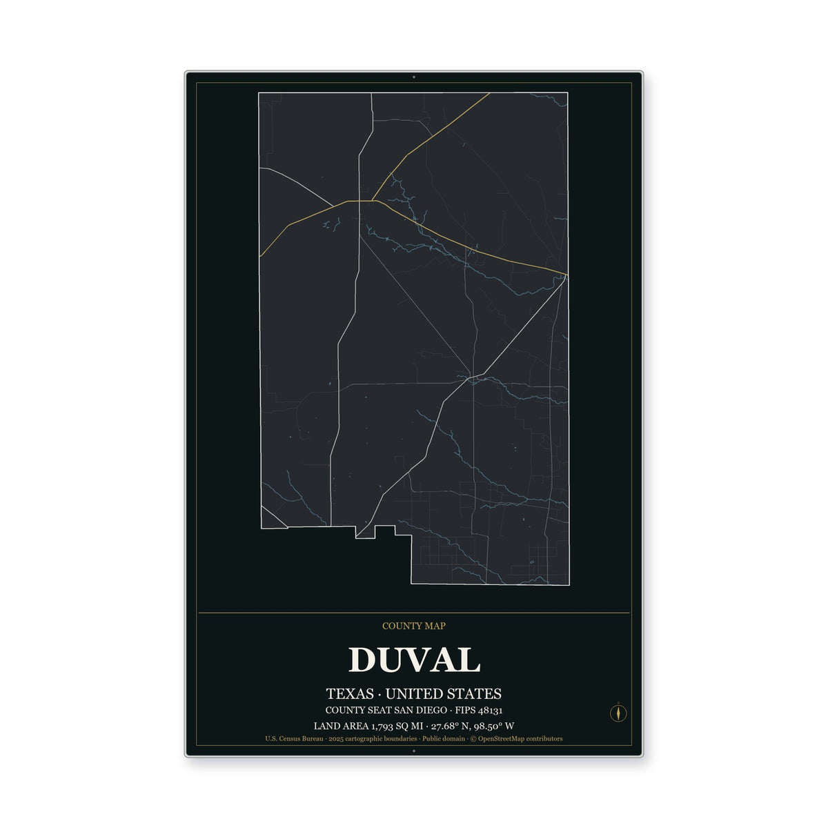 Duval County, Texas Map Aluminum Sign in Metropolitan Noir style