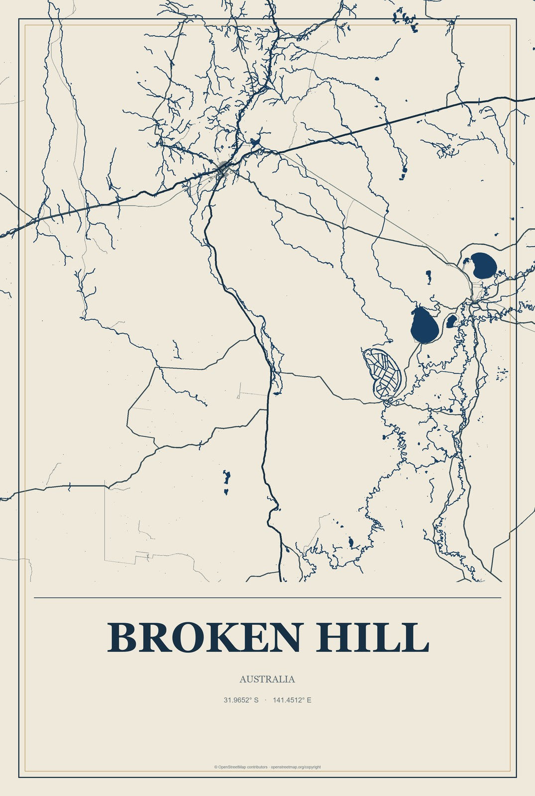 Broken Hill, Australia City Map Aluminum Sign in Coastal Cutout style