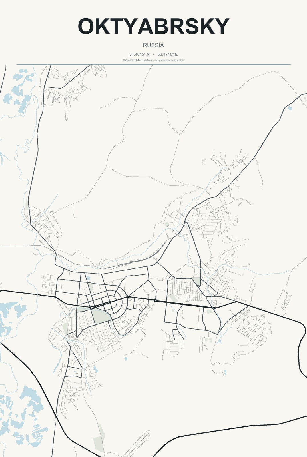 Oktyabrsky, Russia City Map Aluminum Sign in Headline Atlas style