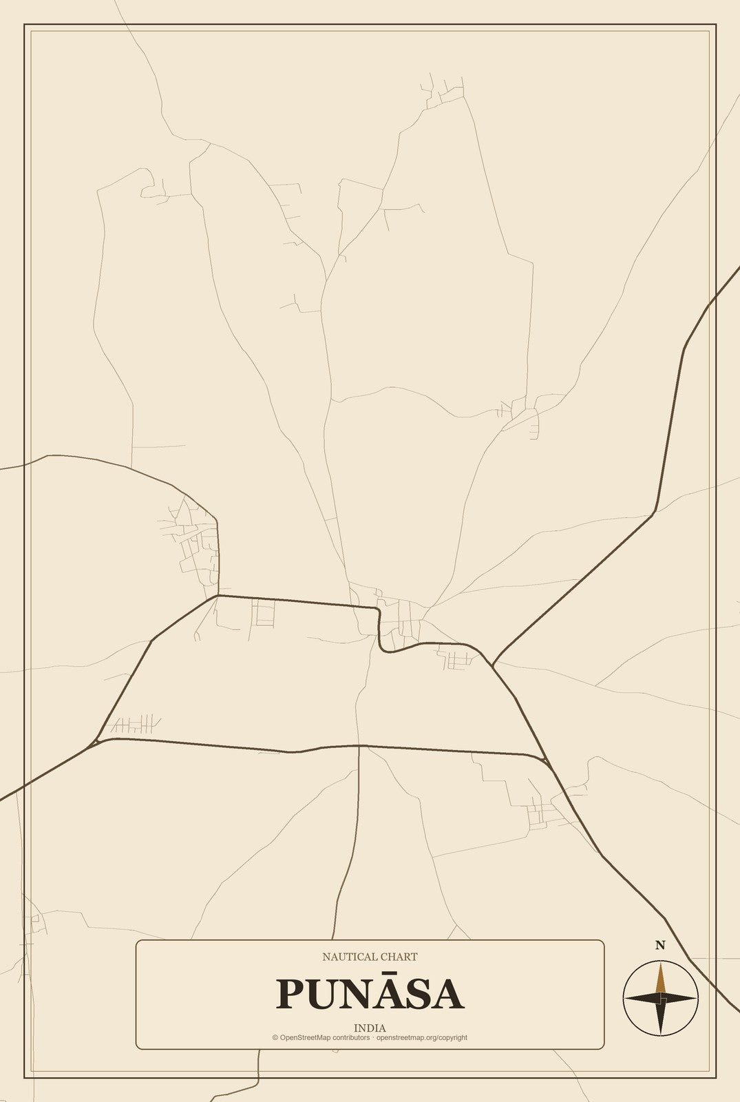 Punāsa, India City Map Aluminum Sign in Heritage Nautical style