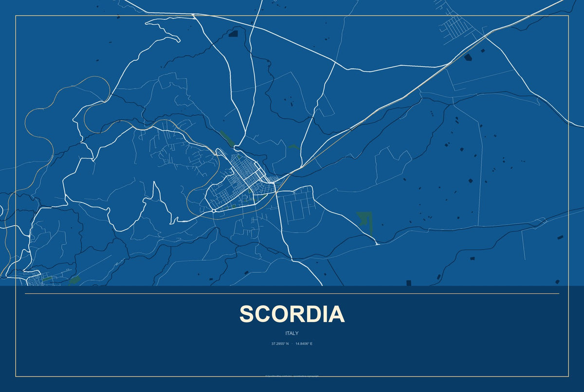 Scordia, Italy City Map Aluminum Sign in Harbor Cobalt style