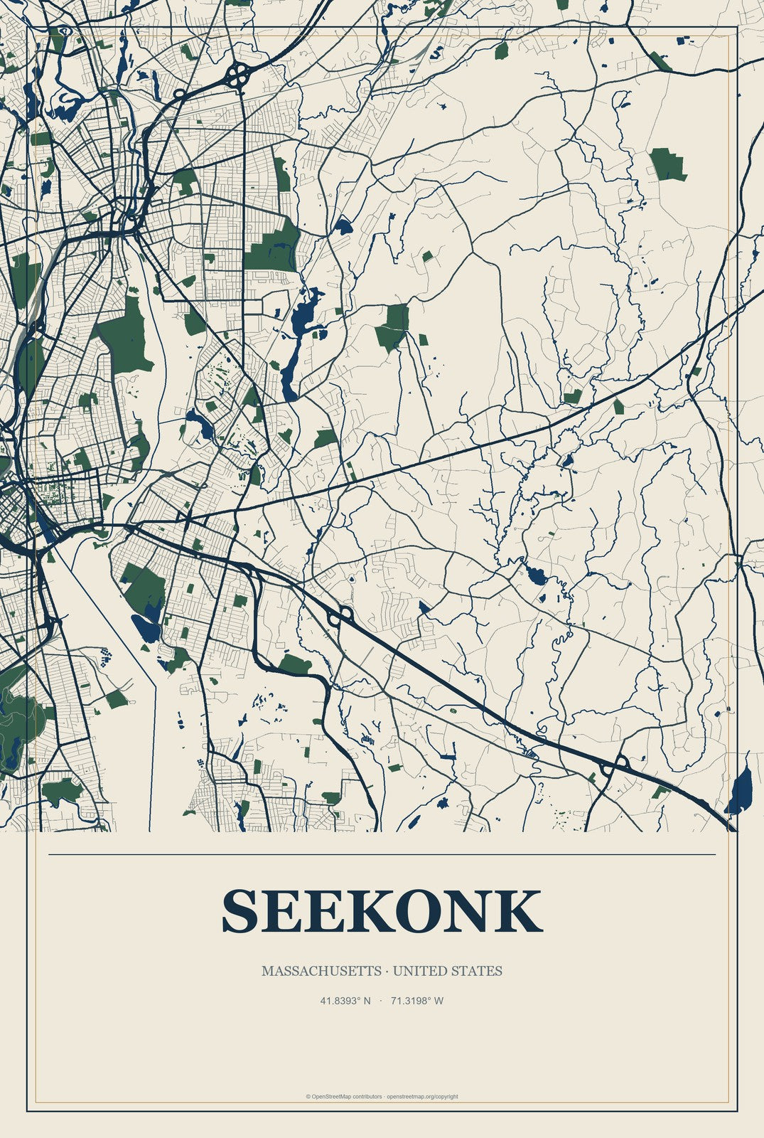 Seekonk, Massachusetts City Map Aluminum Sign in Coastal Cutout style