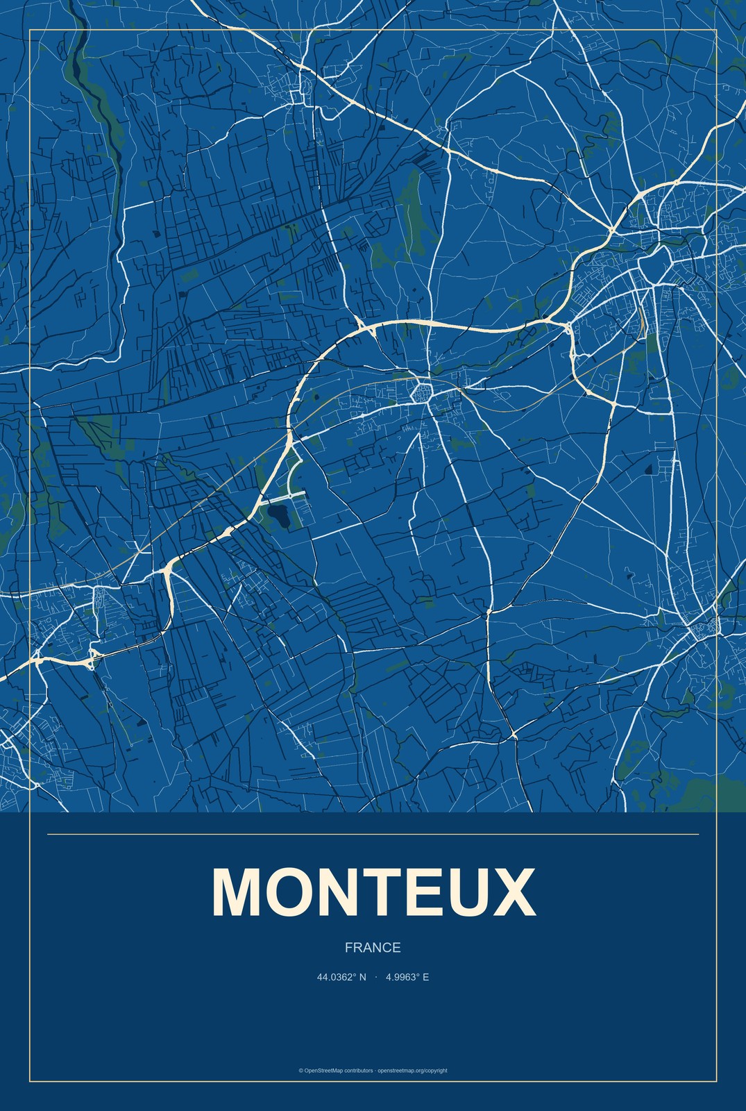 Monteux, France City Map Aluminum Sign in Harbor Cobalt style