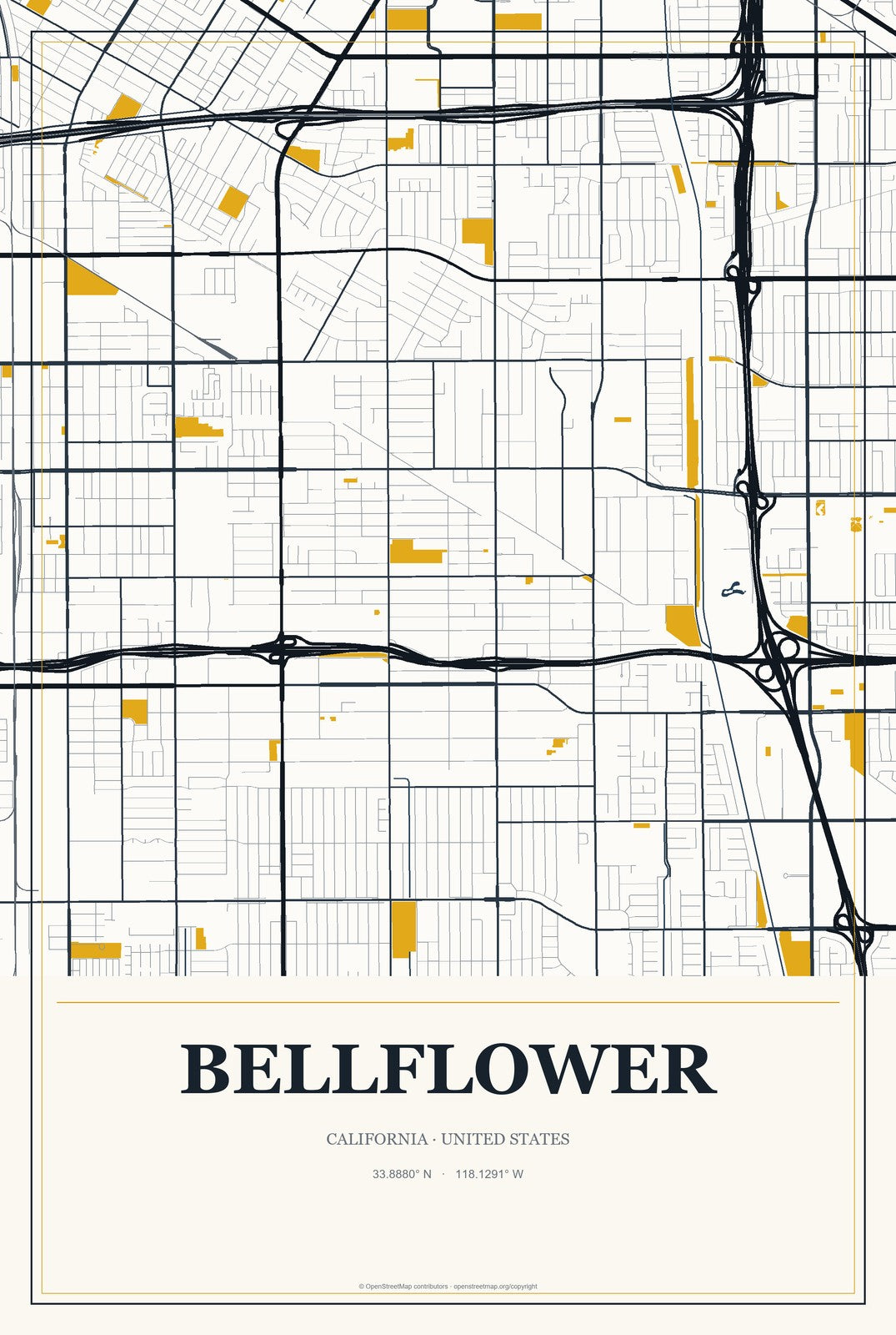 Bellflower, California City Map Aluminum Sign in Citrine Modern style