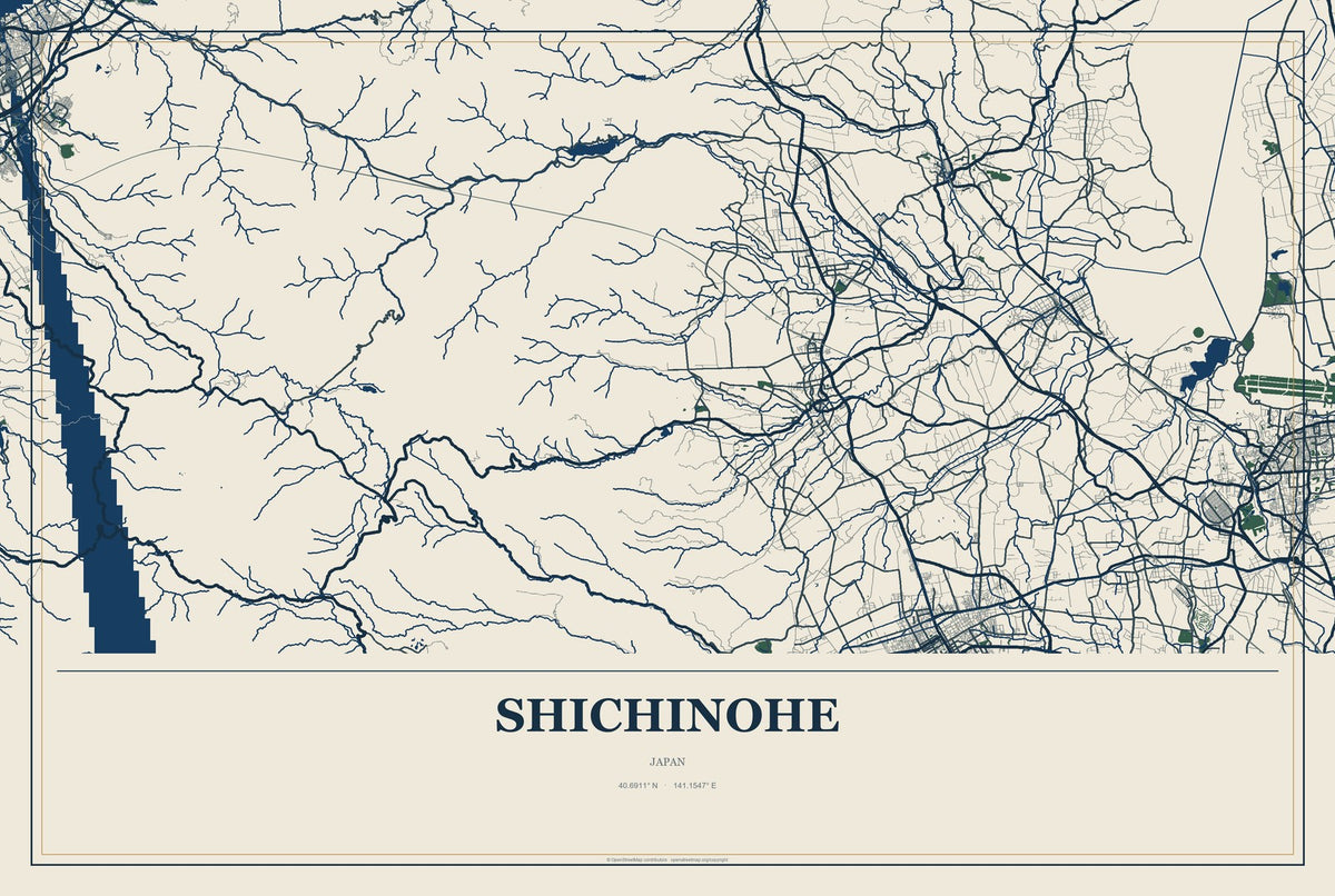 Shichinohe, Japan City Map Aluminum Sign in Coastal Cutout style