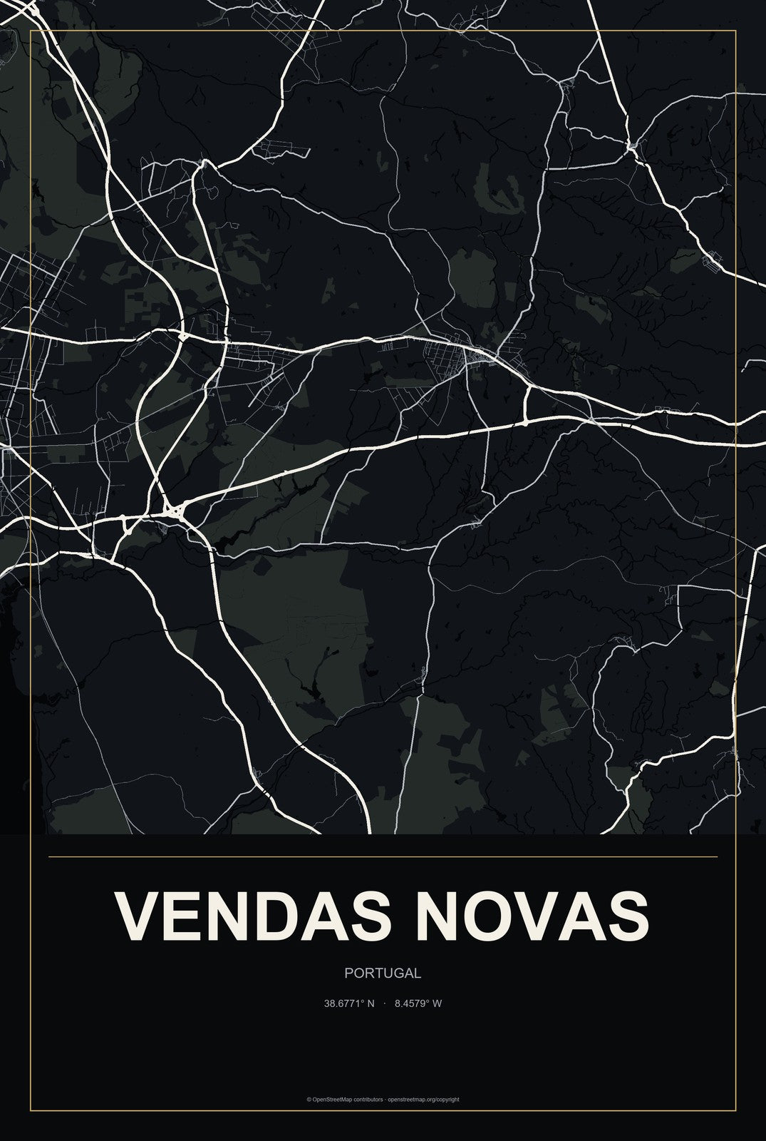 Vendas Novas, Portugal City Map Aluminum Sign in Metropolitan Noir style