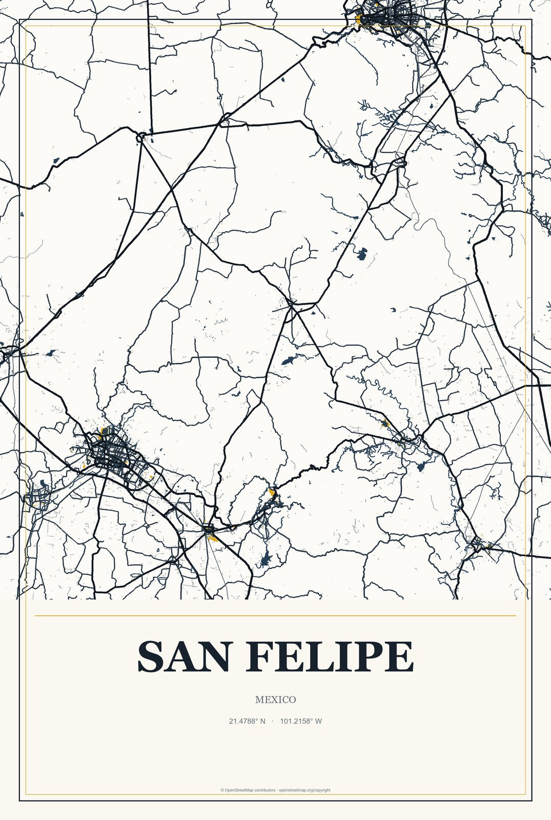 San Felipe, Guanajuato, Mexico City Map Aluminum Sign in Citrine Modern style