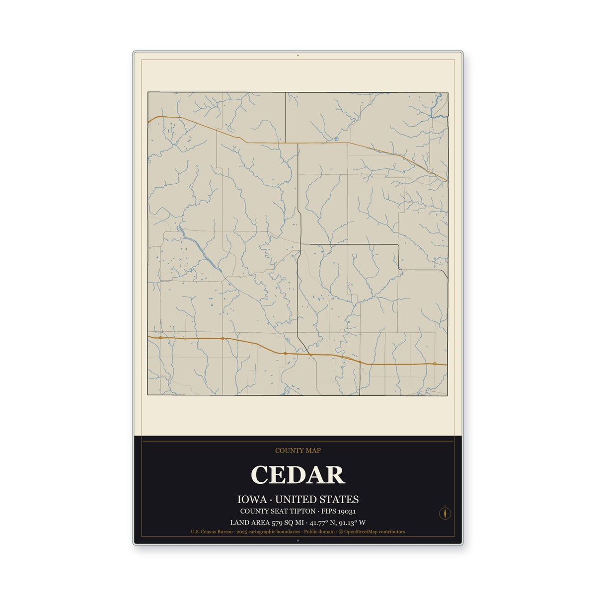 Cedar County, Iowa Map Aluminum Sign in Museum Plaque style