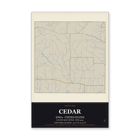 Cedar County, Iowa Map Aluminum Sign in Museum Plaque style