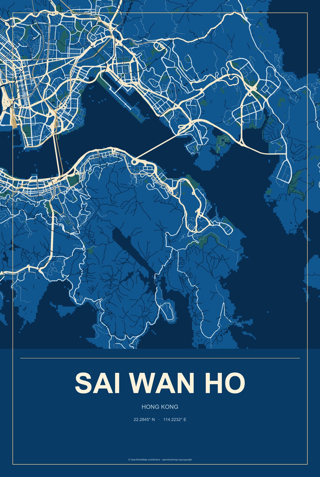Sai Wan Ho, Hong Kong City Map Aluminum Sign in Harbor Cobalt style