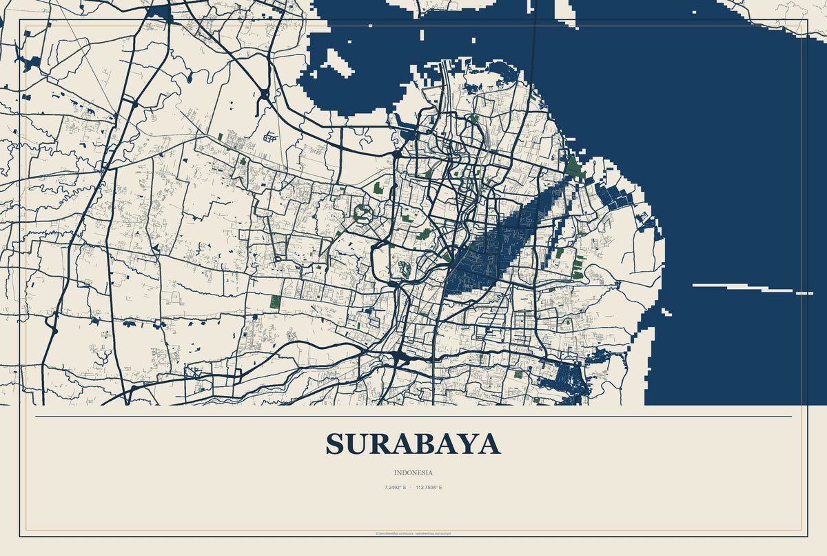 Surabaya, Indonesia City Map Aluminum Sign in Coastal Cutout style