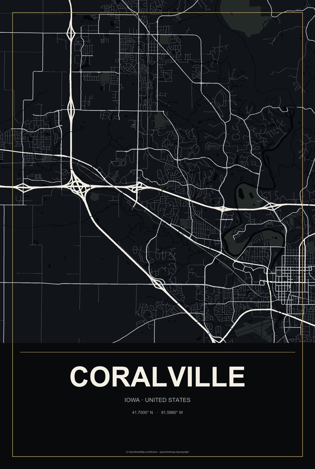 Coralville, Iowa City Map Aluminum Sign in Metropolitan Noir style