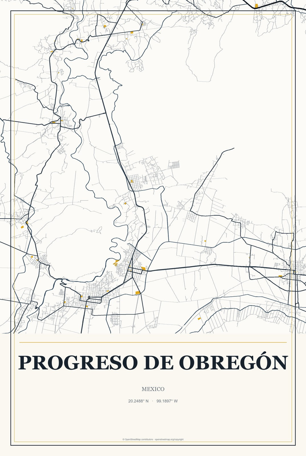 Progreso de Obregón, Mexico City Map Aluminum Sign in Citrine Modern style