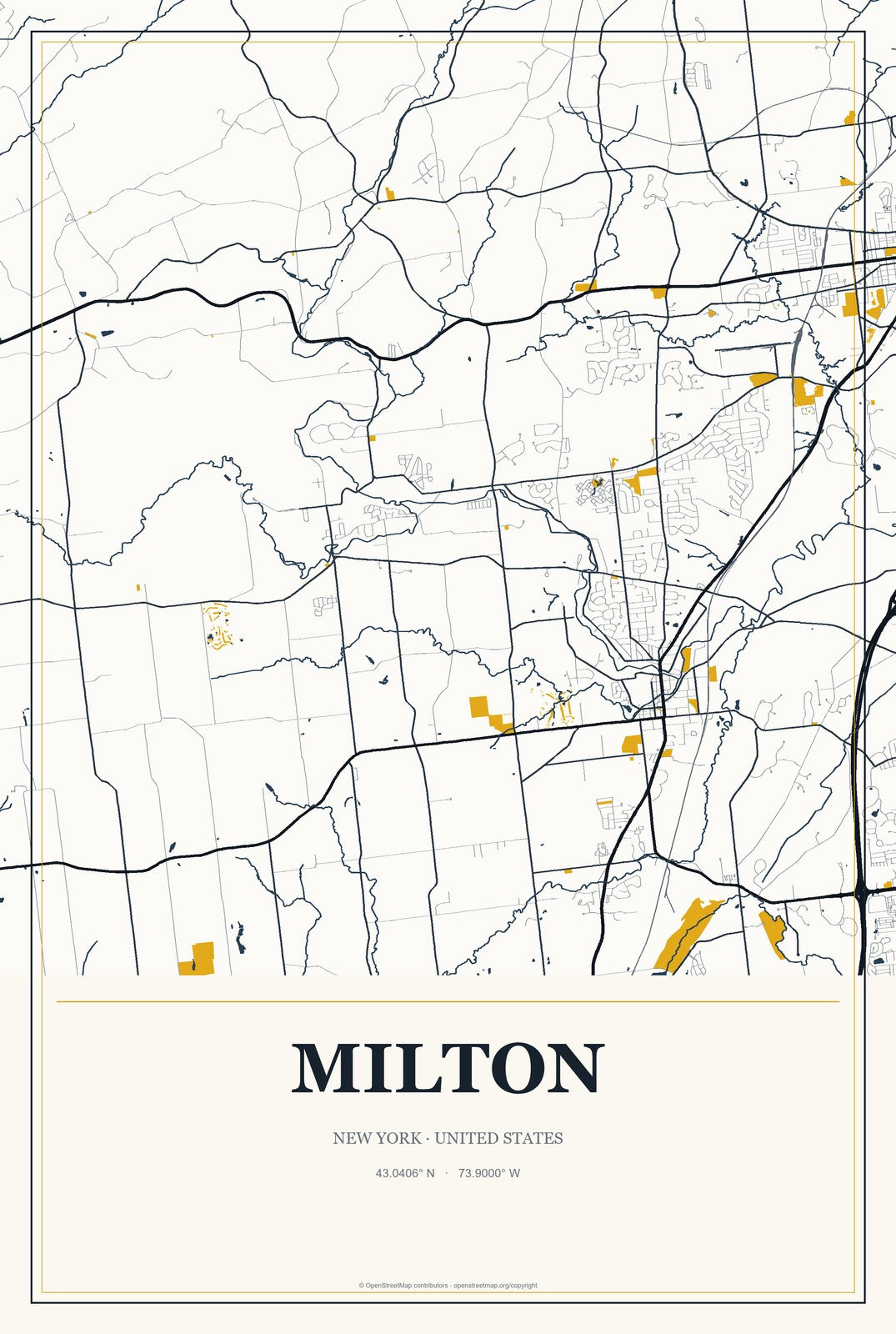 Milton, New York City Map Aluminum Sign in Citrine Modern style