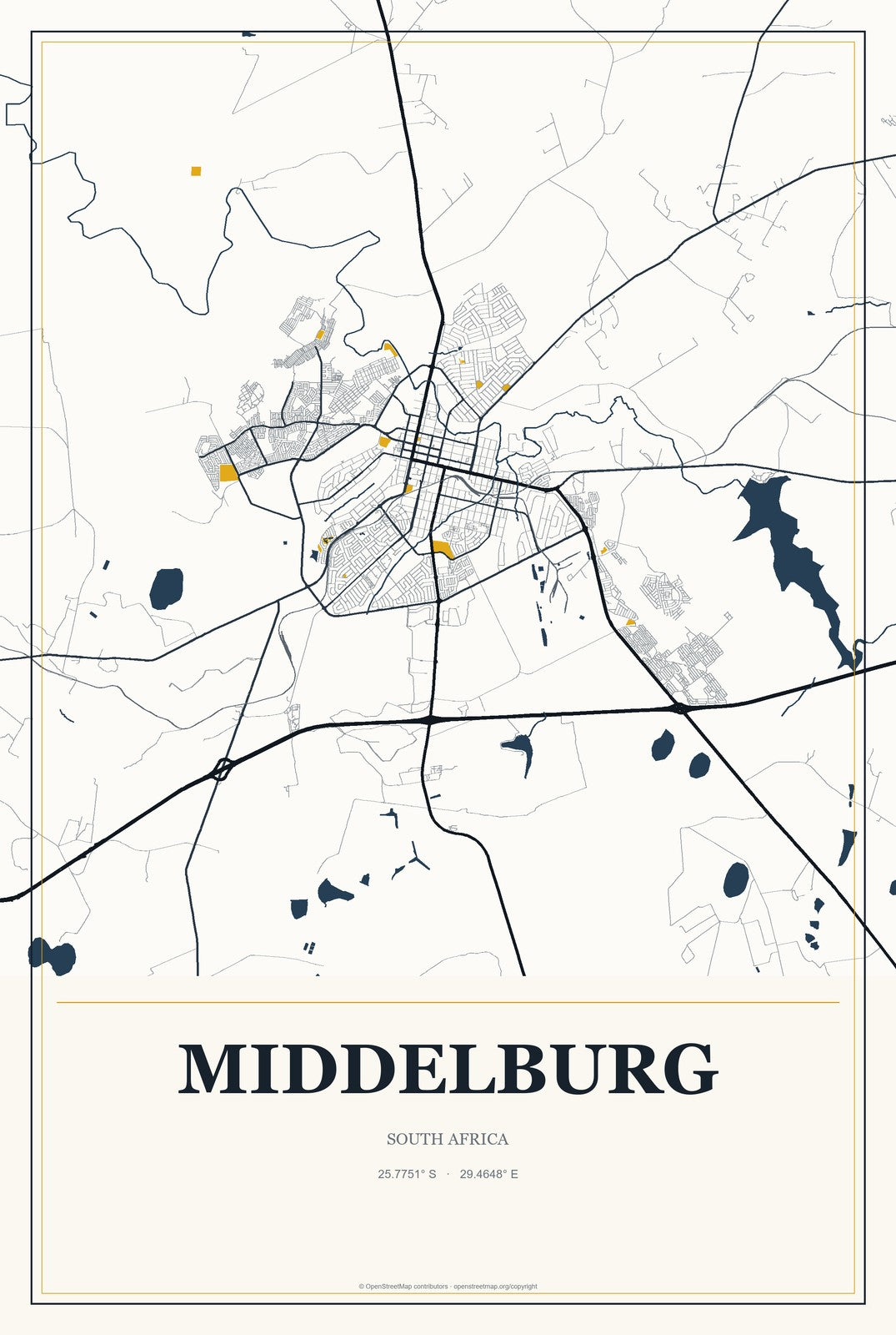 Middelburg, Mpumalanga, South Africa City Map Aluminum Sign in Citrine Modern style
