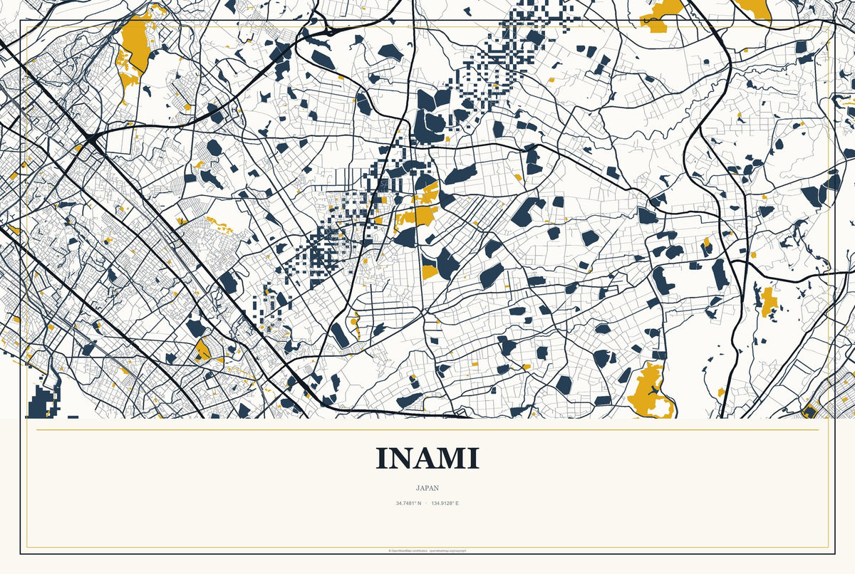 Inami, Japan City Map Aluminum Sign in Citrine Modern style