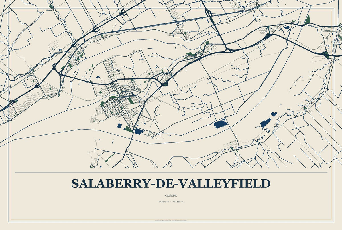 Salaberry-de-Valleyfield, Canada City Map Aluminum Sign in Coastal Cutout style