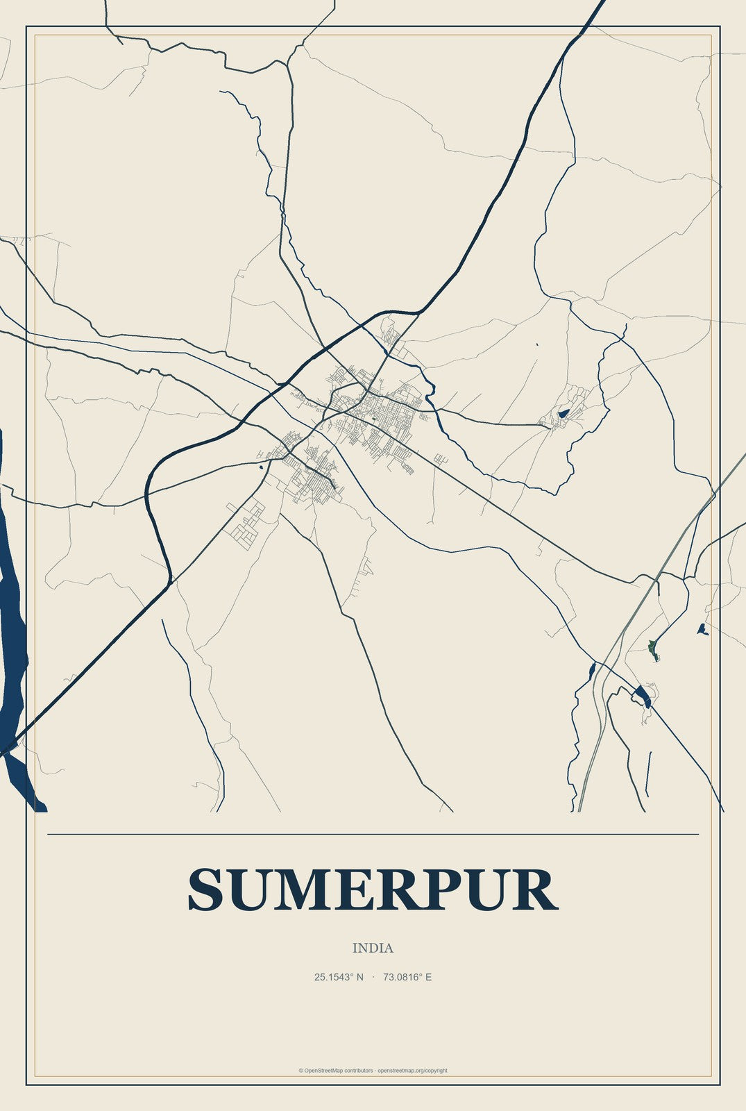 Sumerpur, India City Map Aluminum Sign in Coastal Cutout style