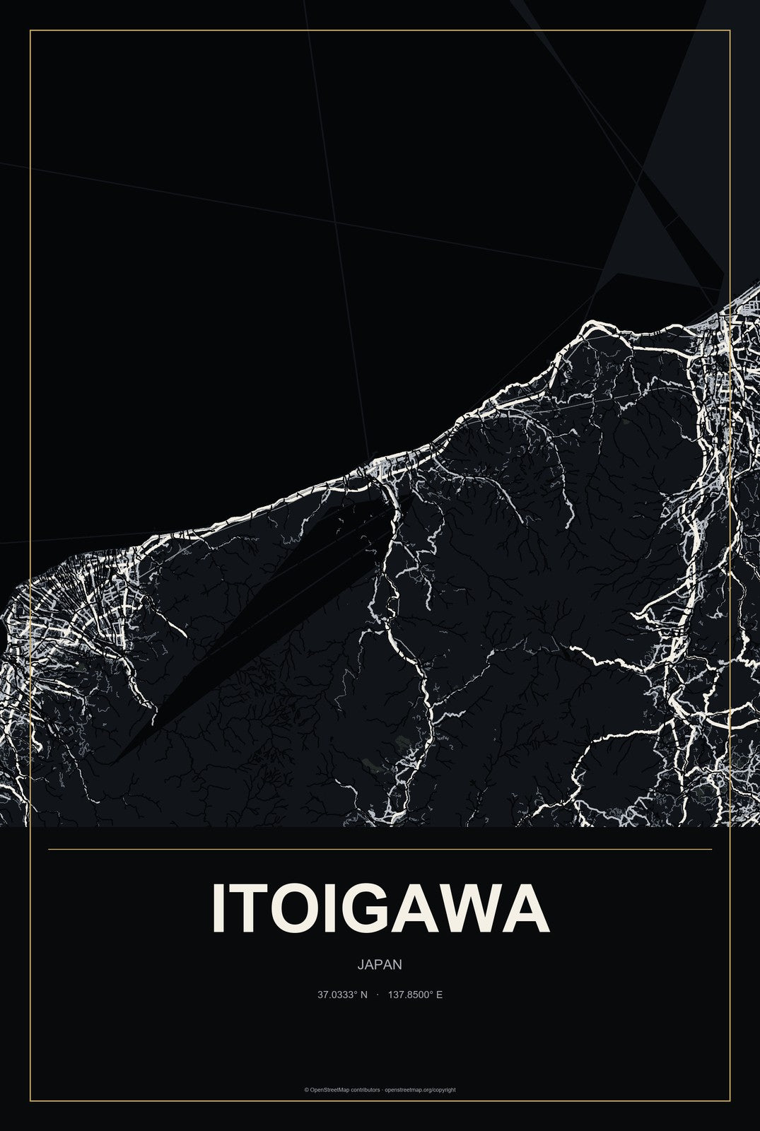 Itoigawa, Japan City Map Aluminum Sign in Metropolitan Noir style