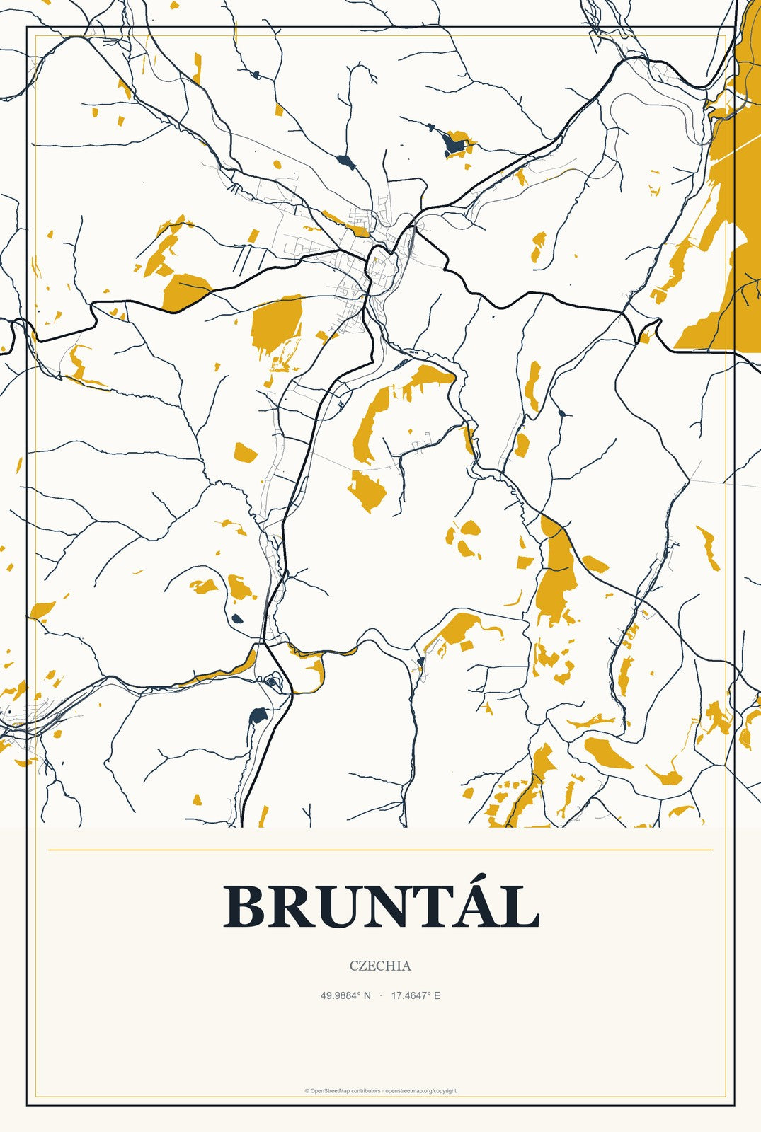 Bruntál, Czechia City Map Aluminum Sign in Citrine Modern style