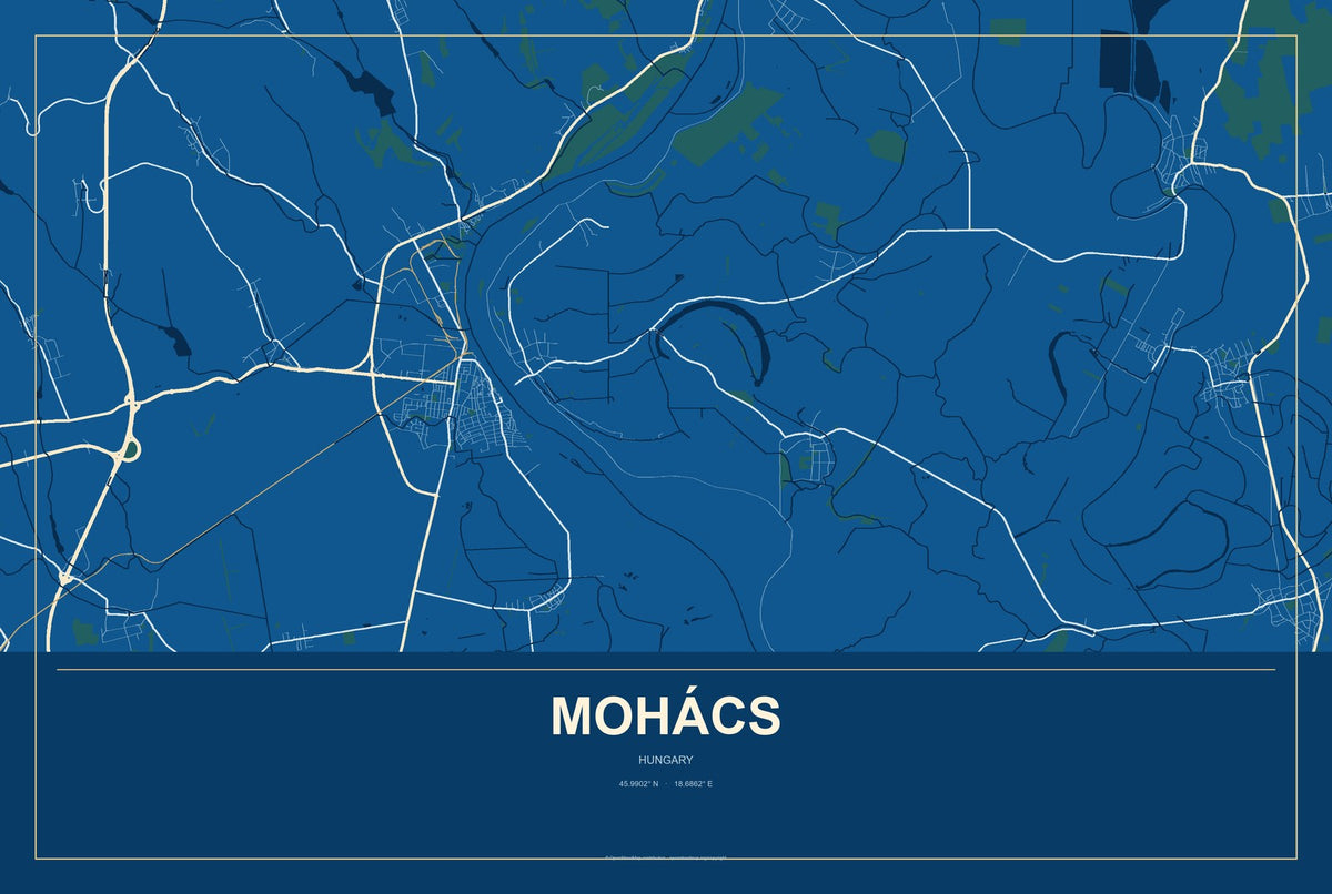 Mohács, Hungary City Map Aluminum Sign in Harbor Cobalt style