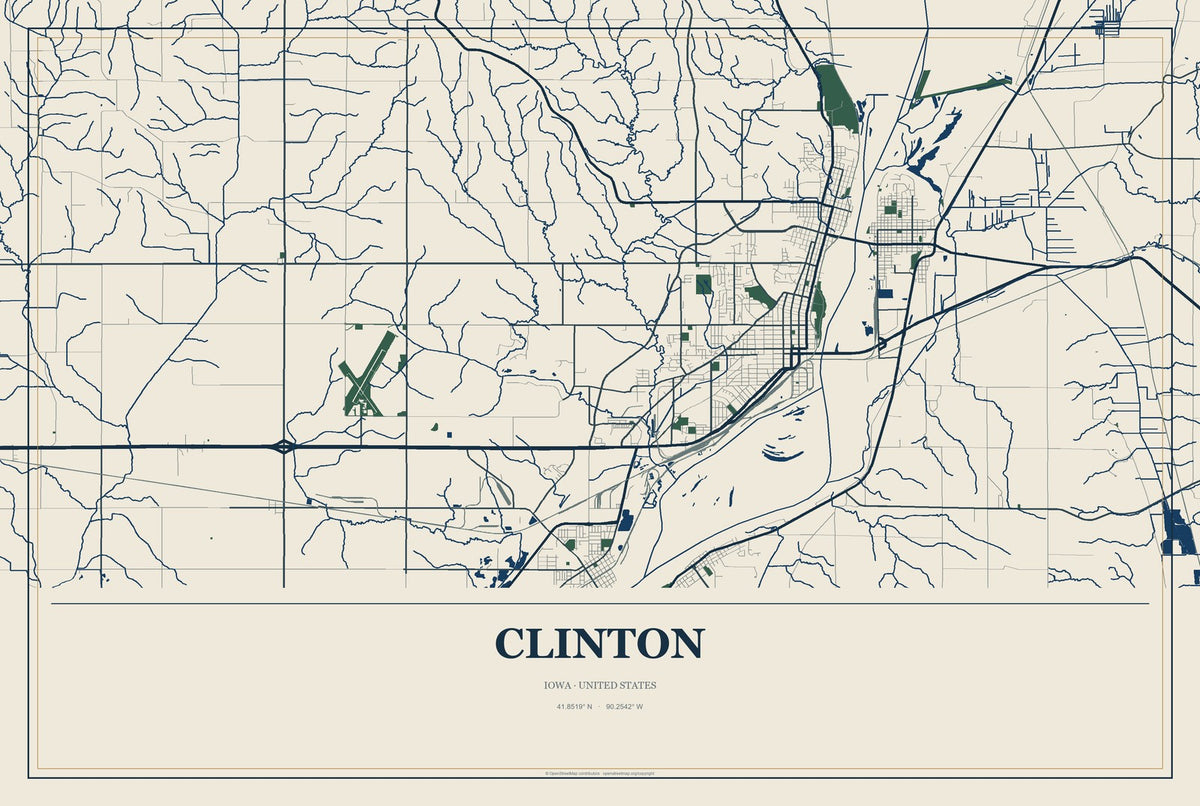 Clinton, Iowa City Map Aluminum Sign in Coastal Cutout style