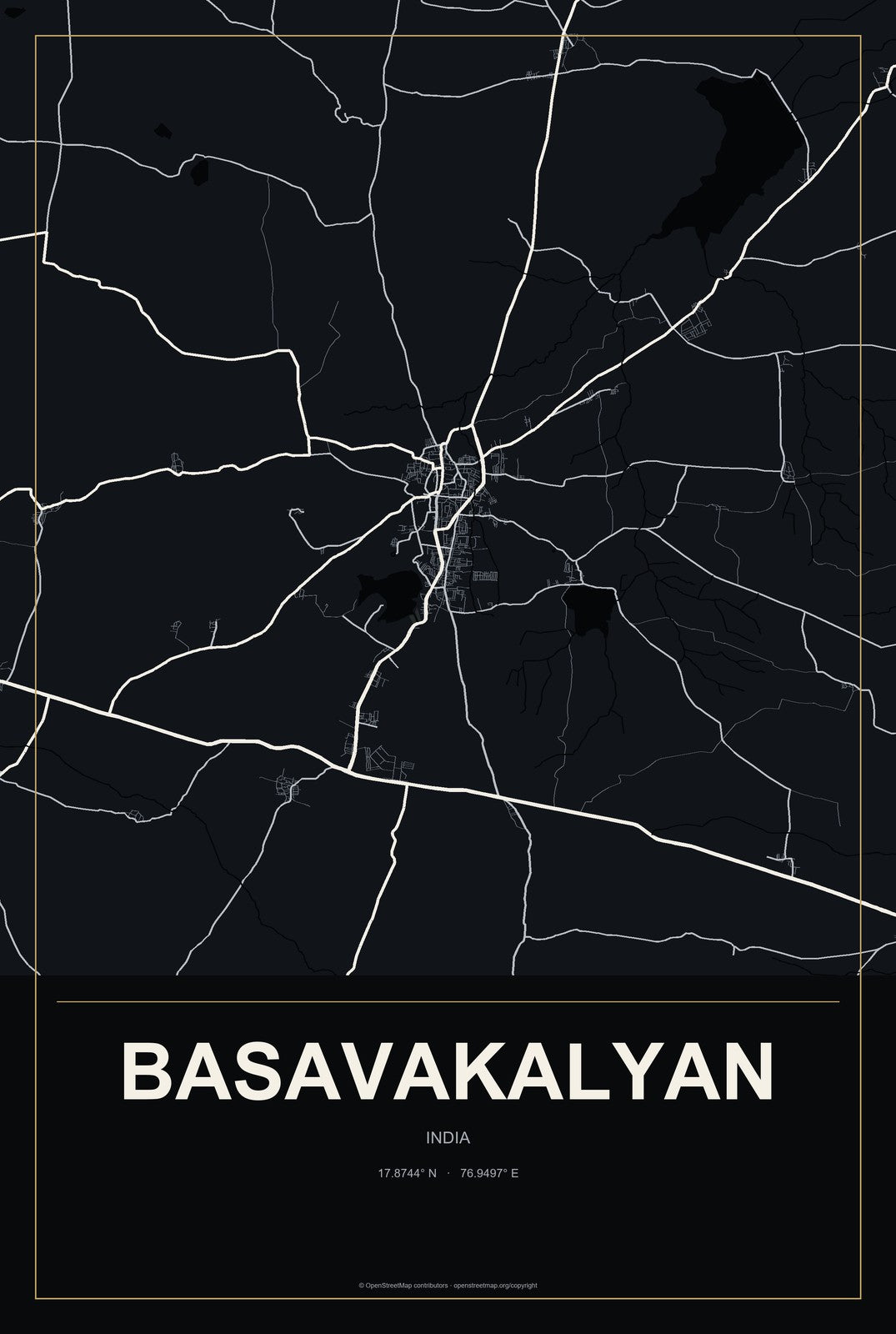 Basavakalyan, India City Map Aluminum Sign in Metropolitan Noir style