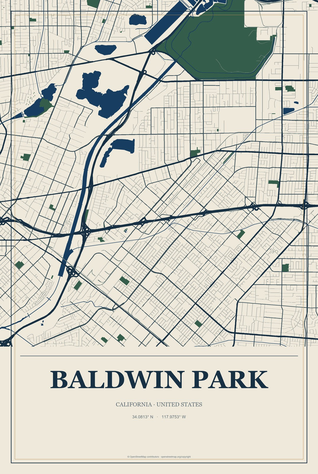 Baldwin Park, California City Map Aluminum Sign in Coastal Cutout style