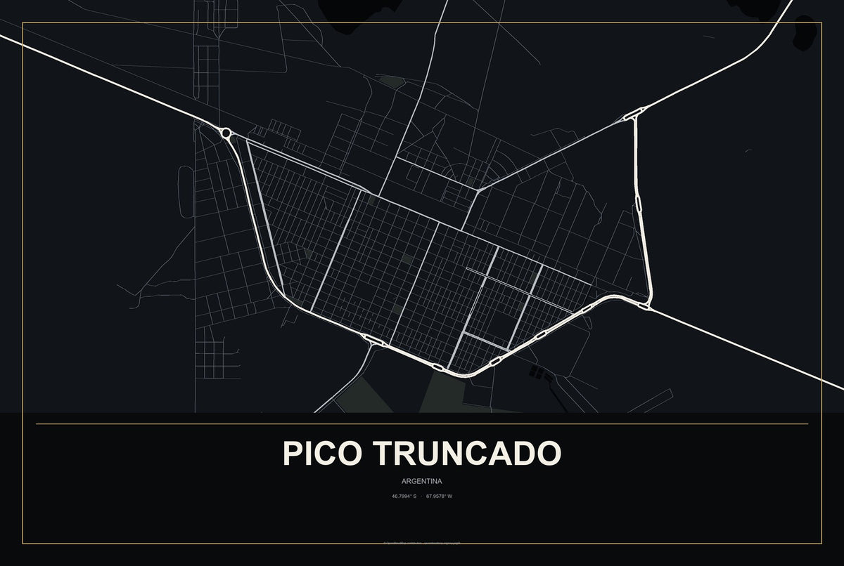 Pico Truncado, Argentina City Map Aluminum Sign in Metropolitan Noir style