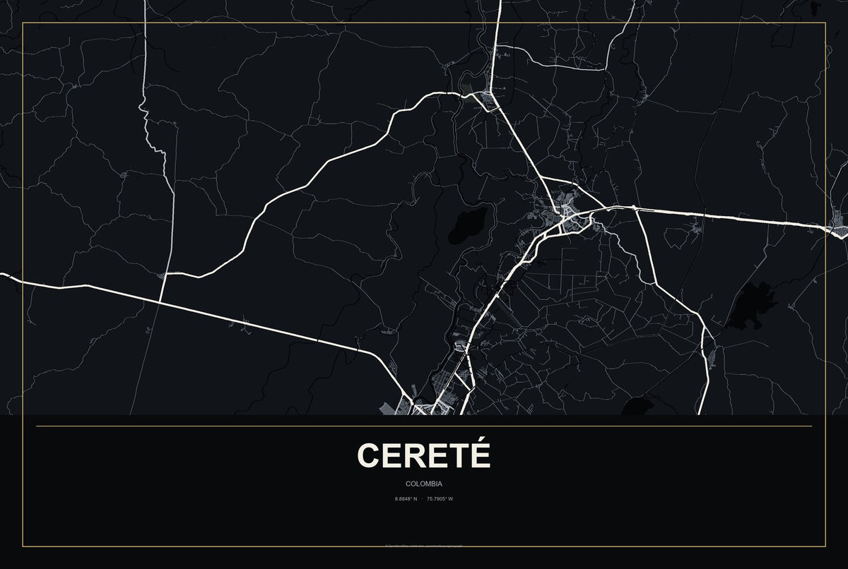 Cereté, Colombia City Map Aluminum Sign in Metropolitan Noir style