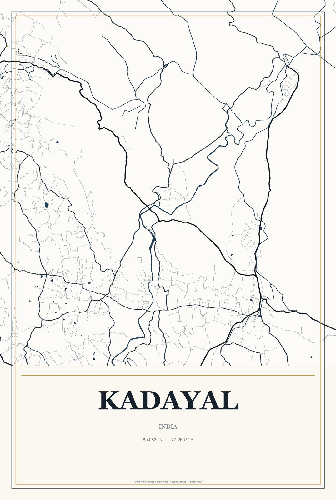 Kadayal, India City Map Aluminum Sign in Citrine Modern style