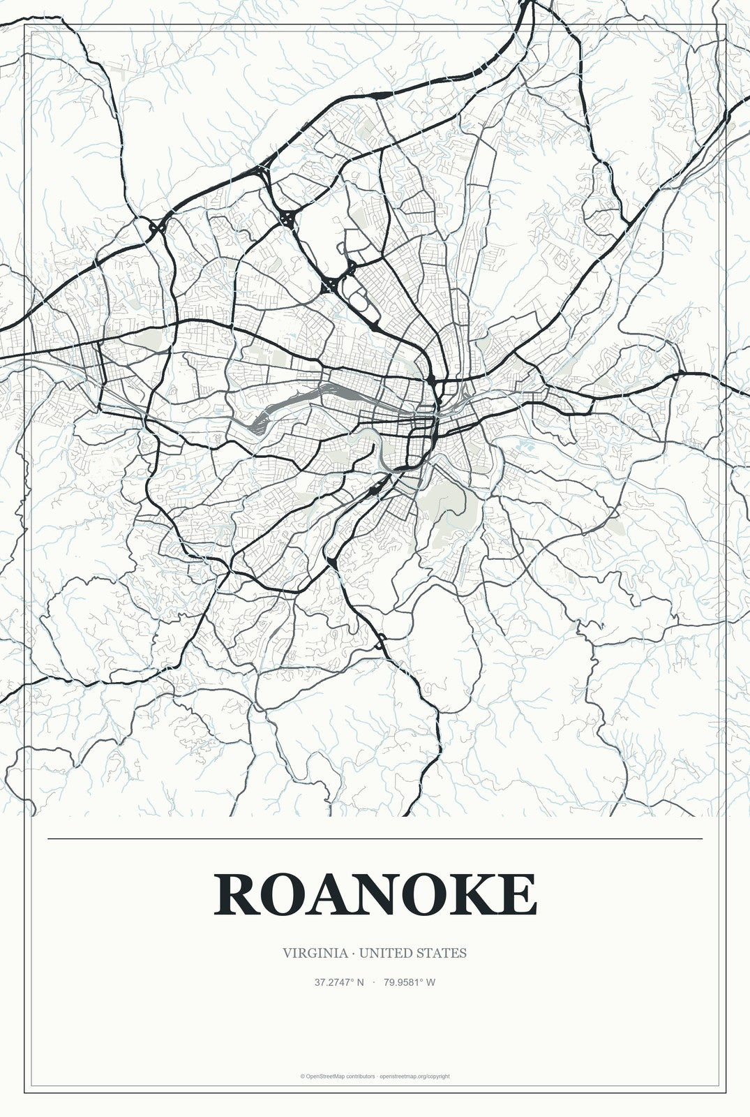 Roanoke, Virginia City Map Aluminum Sign in Gallery Air style