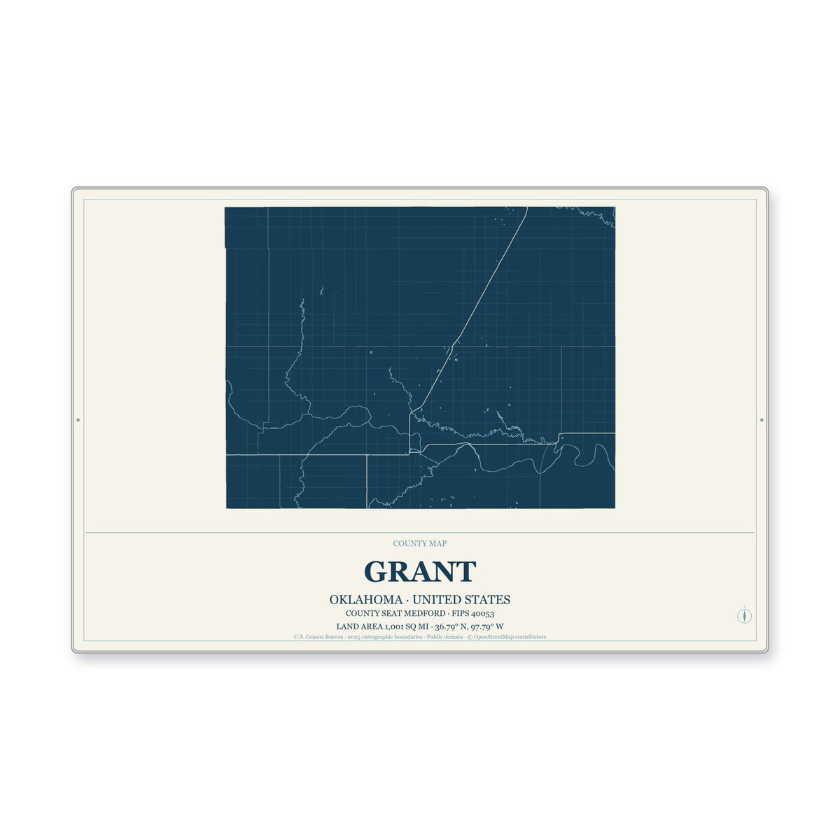 Grant County, Oklahoma Map Aluminum Sign in Coastal Cutout style