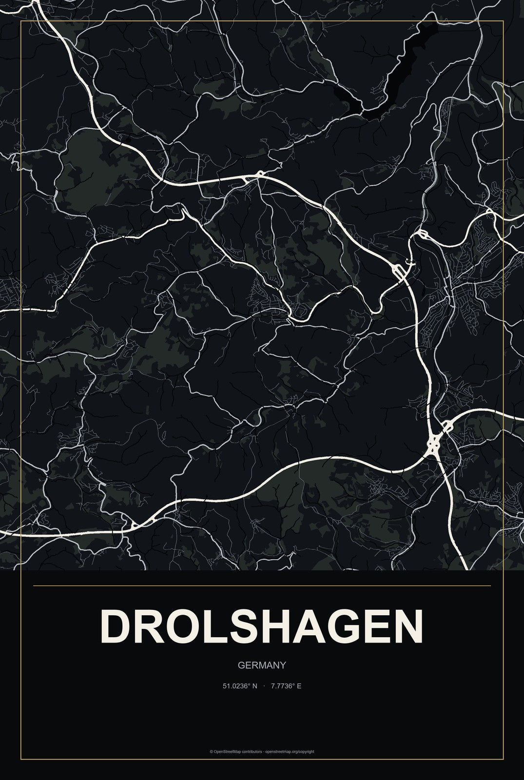 Drolshagen, Germany City Map Aluminum Sign in Metropolitan Noir style